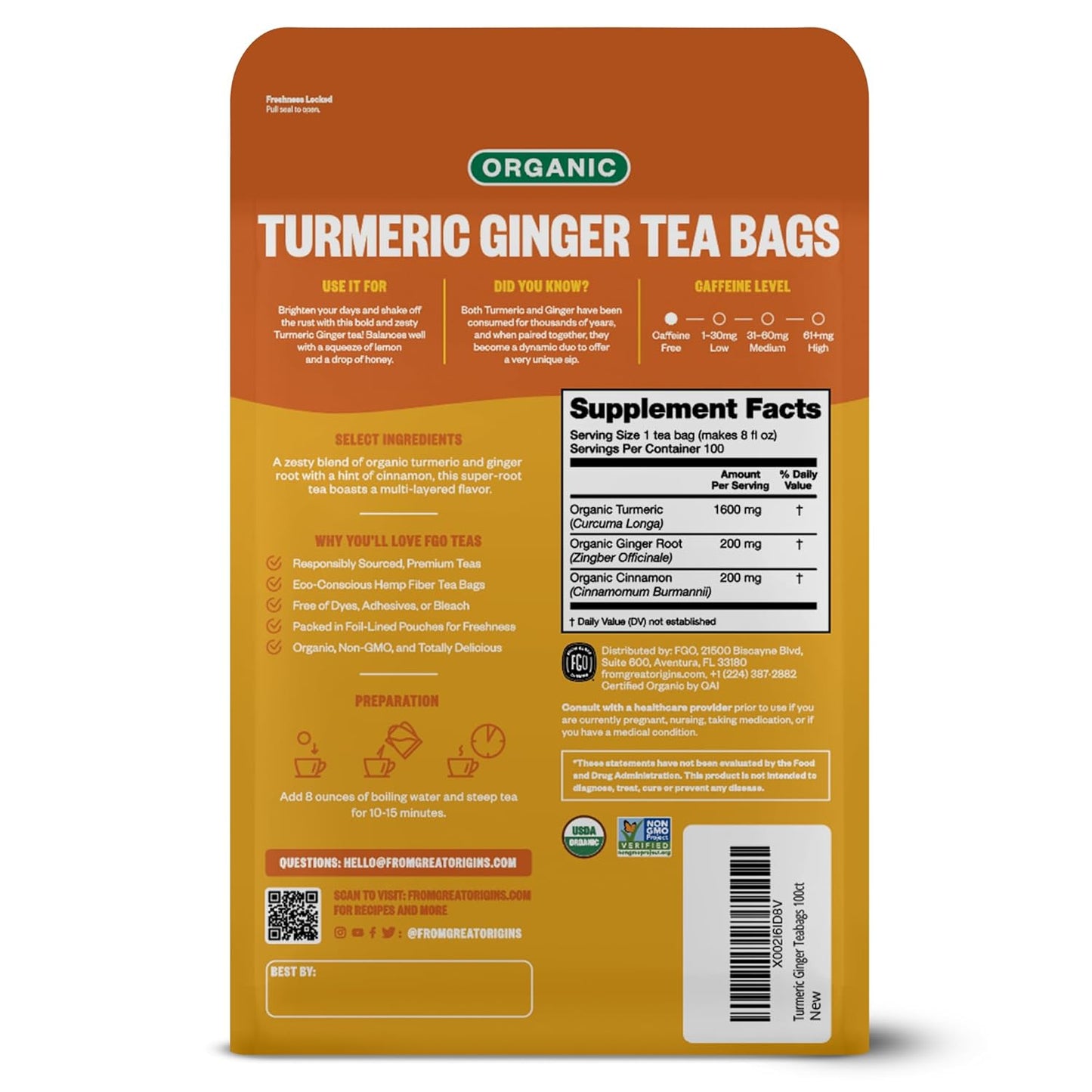 FGO Organic Turmeric Ginger Tea, Eco-Conscious Tea Bags, 100 Count, Packaging May Vary (Pack of 1)