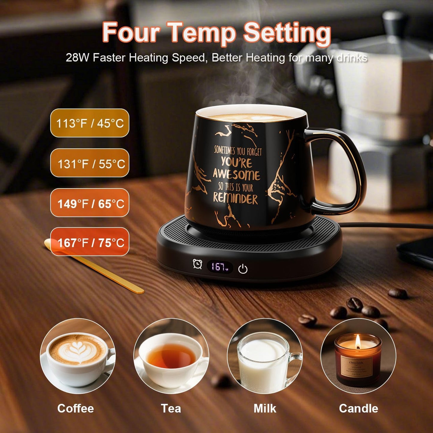 Coffee Mug Warmer, You are Awesome Mug with Coffee Warmer Set, Electric Coffee Cup Warmer for Desk 8 Hours Auto Shut Off, Tea Beverage Warmer with 4 Temperature Setting, Birthday Gifts for Women Man