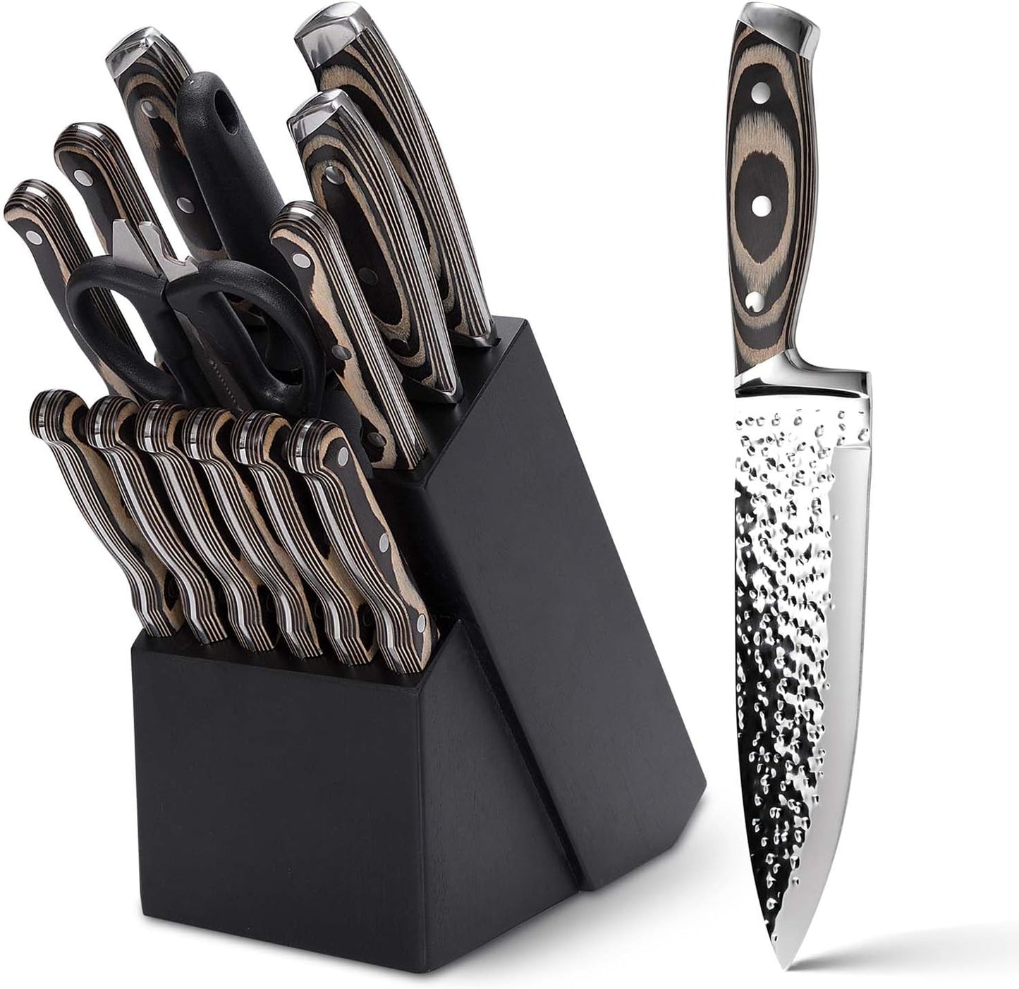 Kitchen Knife Set,15-Piece Knife Set With Block Wooden,Self Sharpening For Chef Knife Set,High Carbon Japan Stainless Steel Hammered Collection Knife Block Set with Steak Knives (Gray)