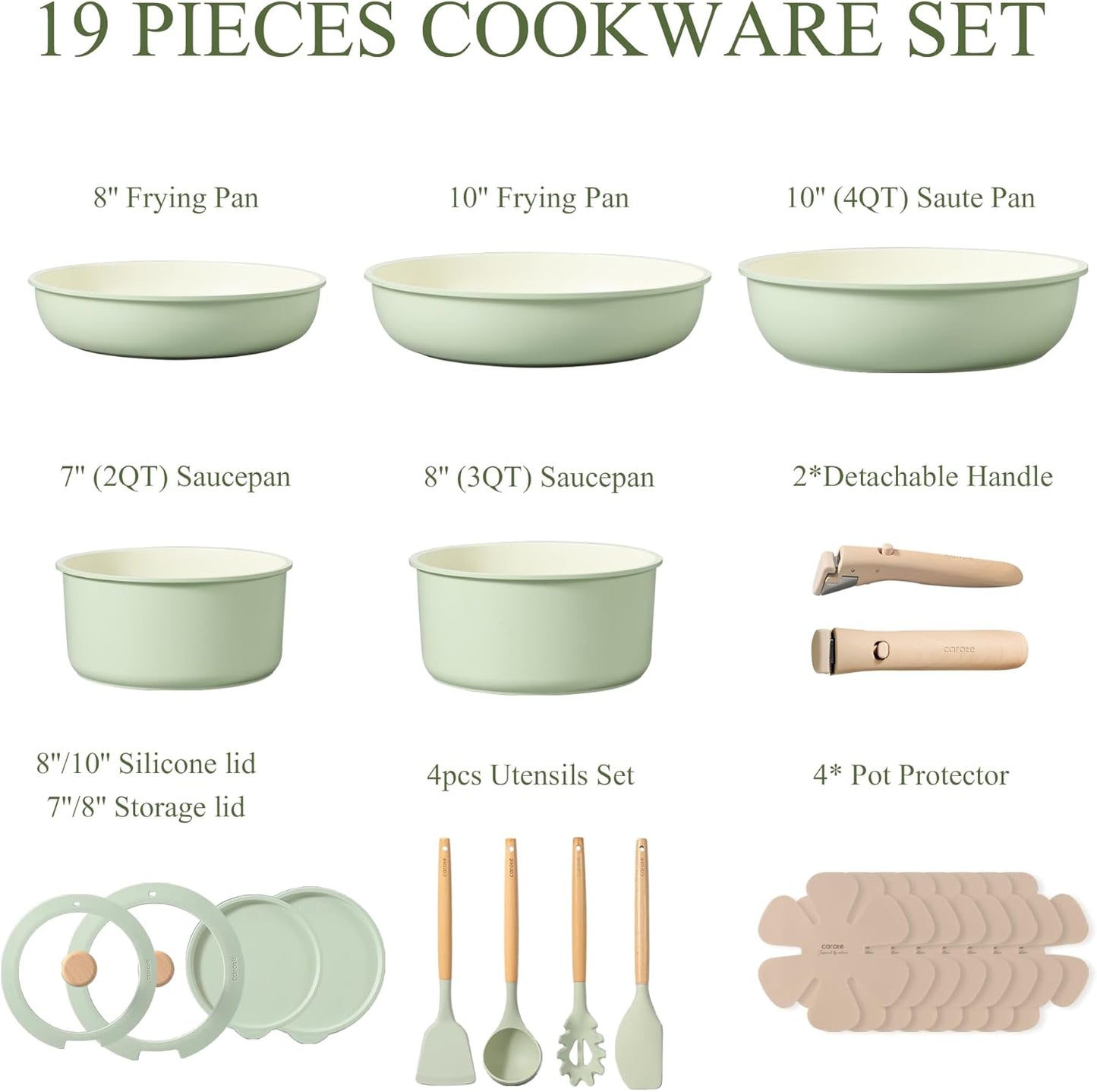 CAROTE Pots and Pans Set, Nonstick Cookware Set Detachable Handle, 19pcs Induction Kitchen Cookware Sets Non Stick with Removable Handle, RV Cookware Set, Oven Safe, Sage Green