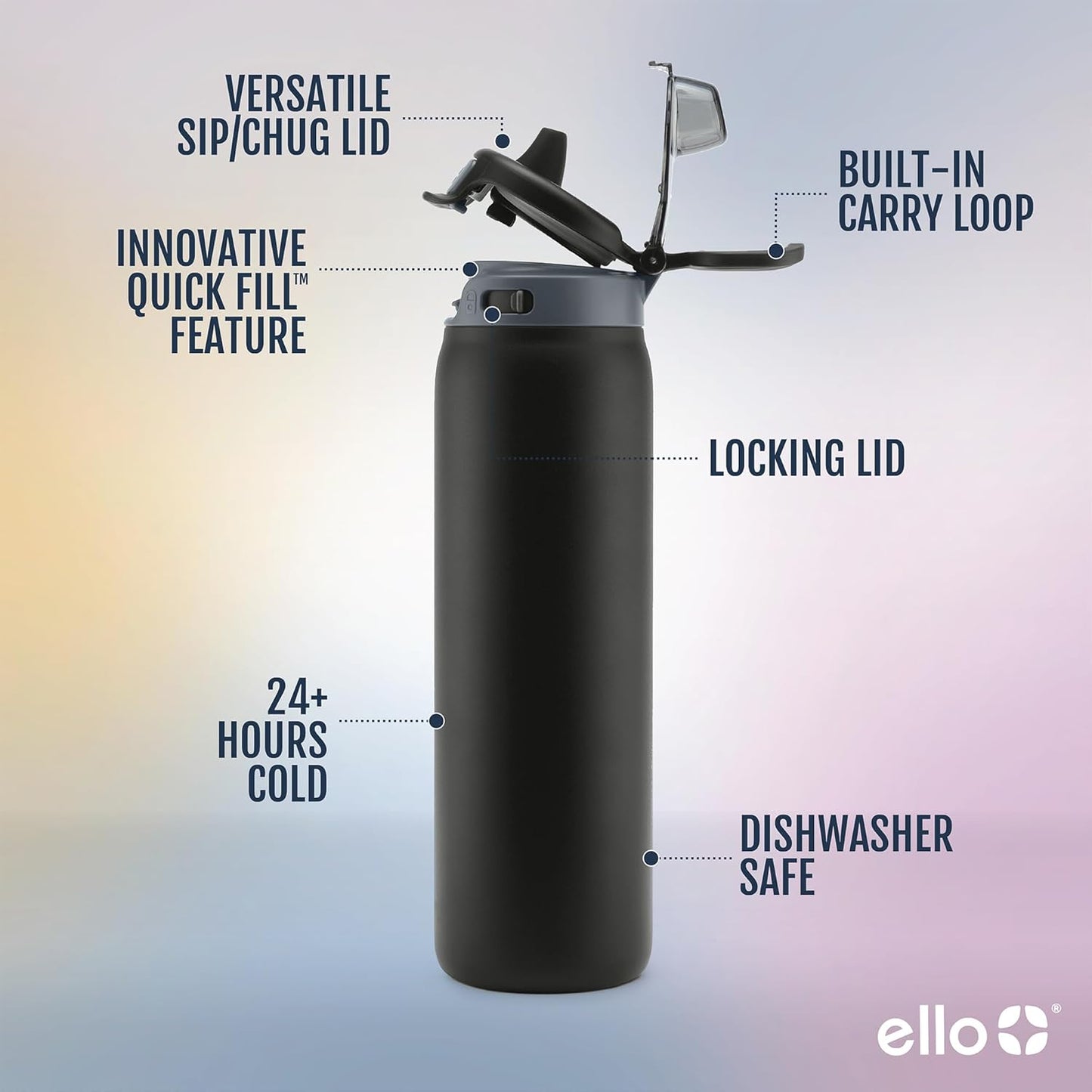 Ello Pop & Fill Stainless Steel Water Bottle with Quick Fill Technology, Double Walled Vacuum Insulated Metal, Leak Proof Locking Lid, Sip & Chug, BPA Free, Holiday Gift for Him Her, 22oz, 32oz, 40oz