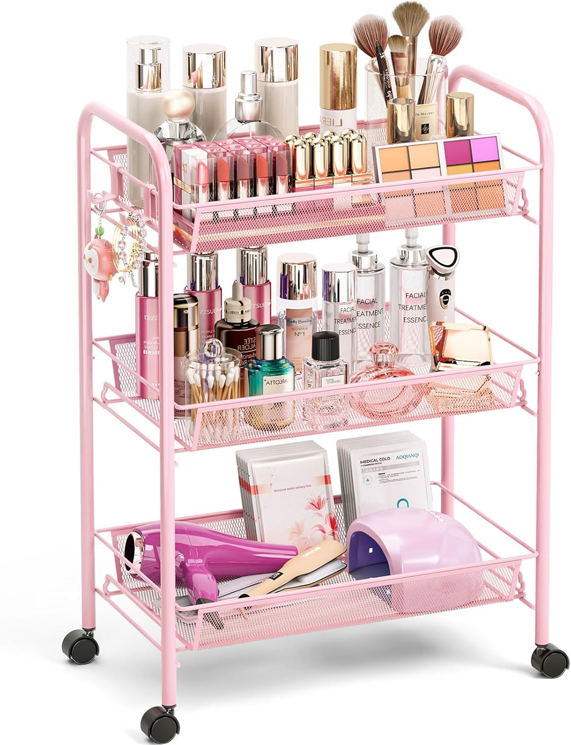 TOOLF 3 Tier Rolling Utility Cart - Durable Metal Design Pink Utility Cart, Storage Trolley on Wheels with 3 Hooks, Perfect for Kitchen, Bathroom & Laundry Room Organization