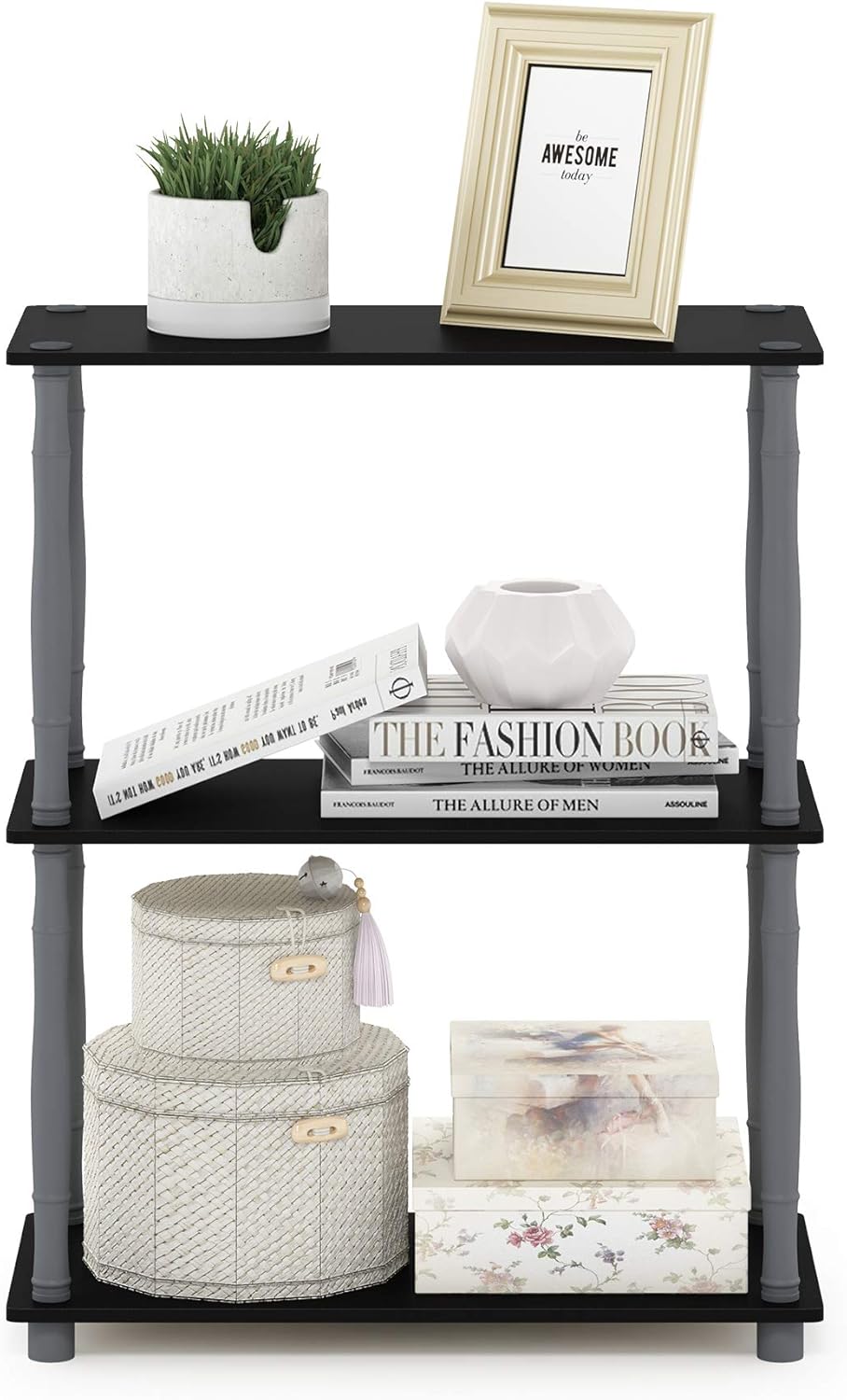 Furinno Turn-N-Tube 3-Tier Compact Multipurpose Shelf Display Rack with Classic Tube, Black/Grey