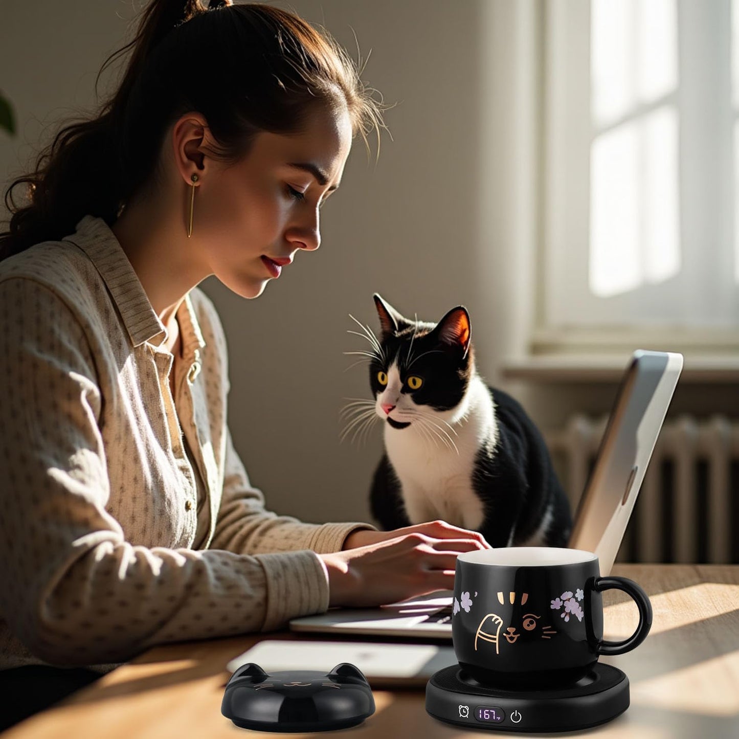 Coffee Mug Warmer & Cute Cat Mug Set, Electric Cup Warmer for Desk with Auto Shut Off, 4 Temperature Setting & 8h Timer Smart Tea Beverage Warmer for Coffee Office, Ideal for Men Women Birthday Gifts