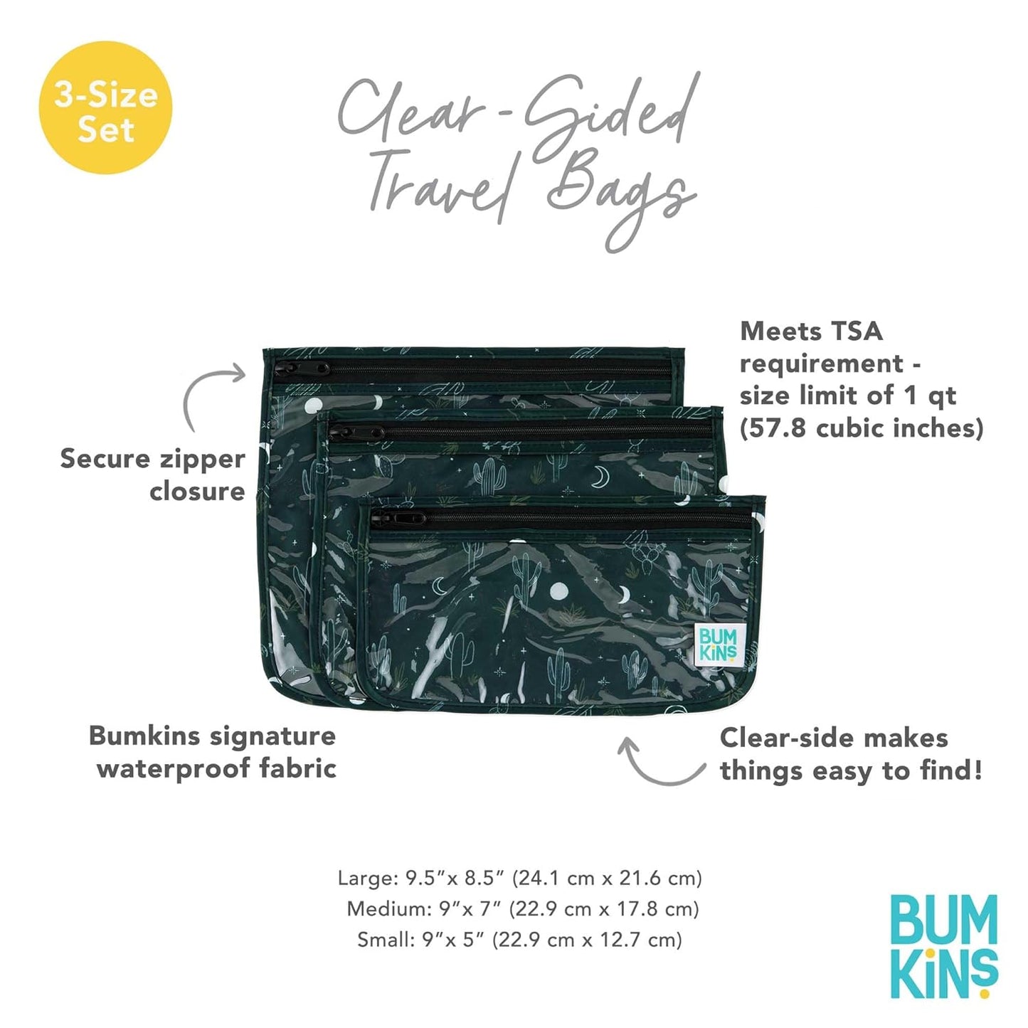 Bumkins Travel Bag, Toiletry, TSA Approved Packing Pouch, Zip Bag, Quart Size Airline Compliant, Clear-Sided, Set of 3 Sizes