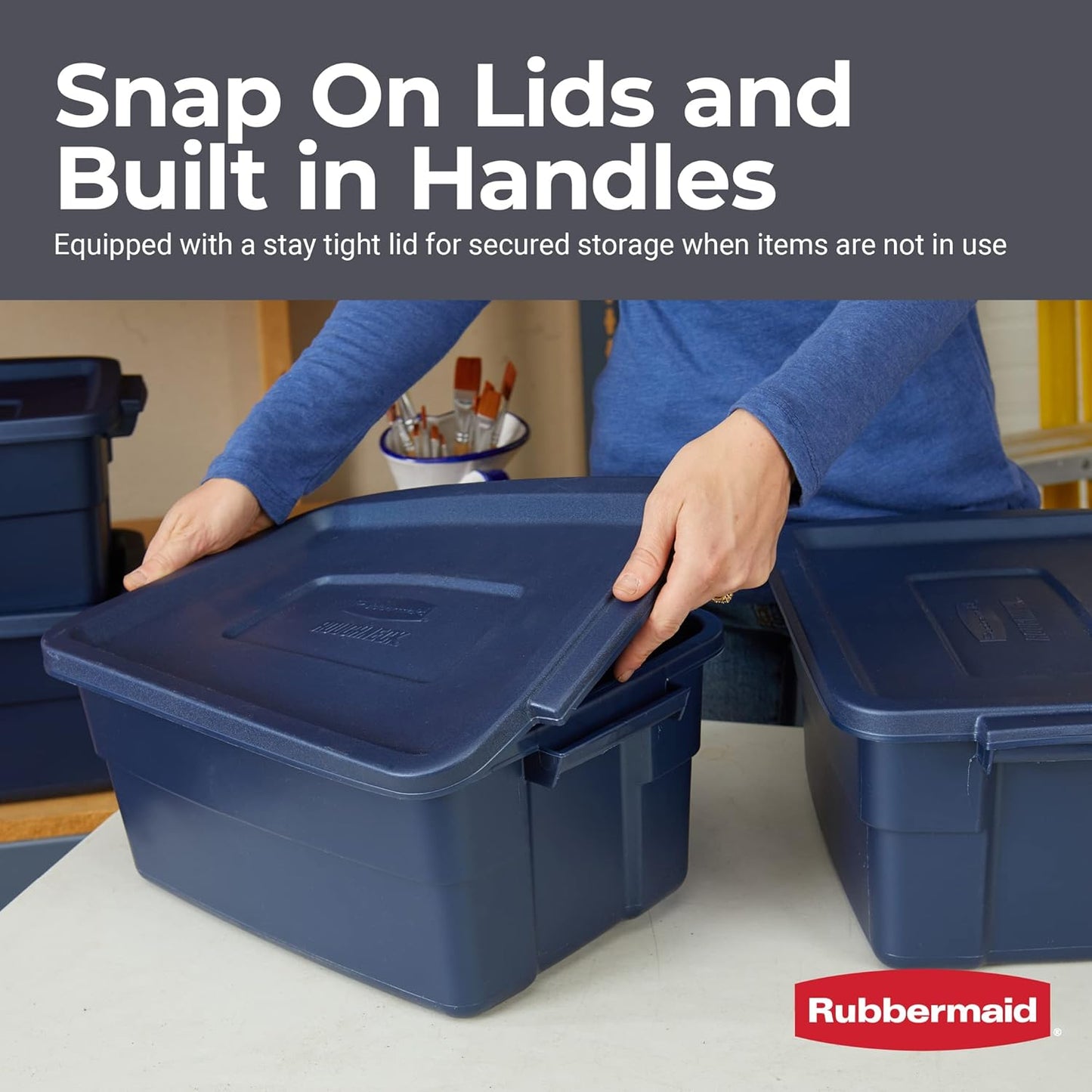 Rubbermaid Roughneck Tote 3 Gal, 6 Pack, Made in USA, Dark Indigo Metallic, Rugged Plastic Stackable Storage Bins with Lids and Handles
