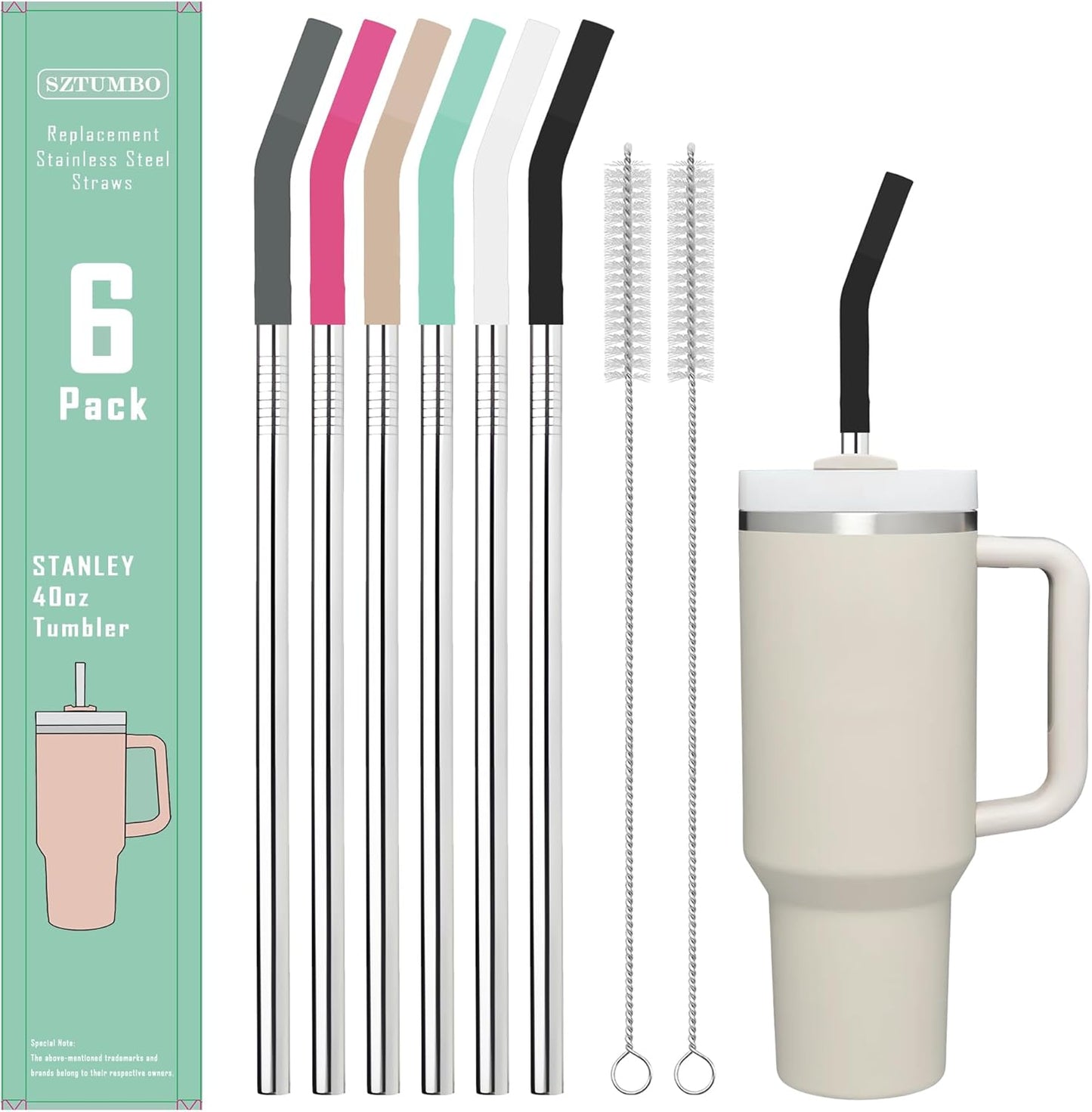 6 PCS 12Inch Metal Stainless Steel Reusable Straight Straw,with 6 Silicone Flex Tips and 2 Cleaning Brush,for 40oz Stanley, Hydrapeak, Owala Tumbler,Simple Modern 32 40oz Tumbler(8mm Silver)
