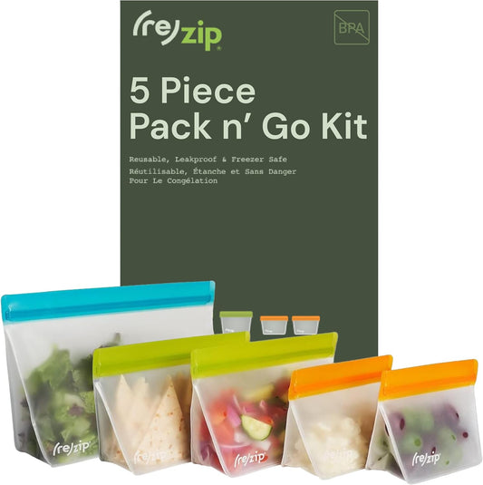 (re) zip 5-Piece Stand-Up Pack n Go Reusable Bag Kit, BPA-Free, Food Grade, Leakproof, Freezer and Dishwasher Safe, Quart (1), 2-Cup (2), Snack (2) - Multicolor