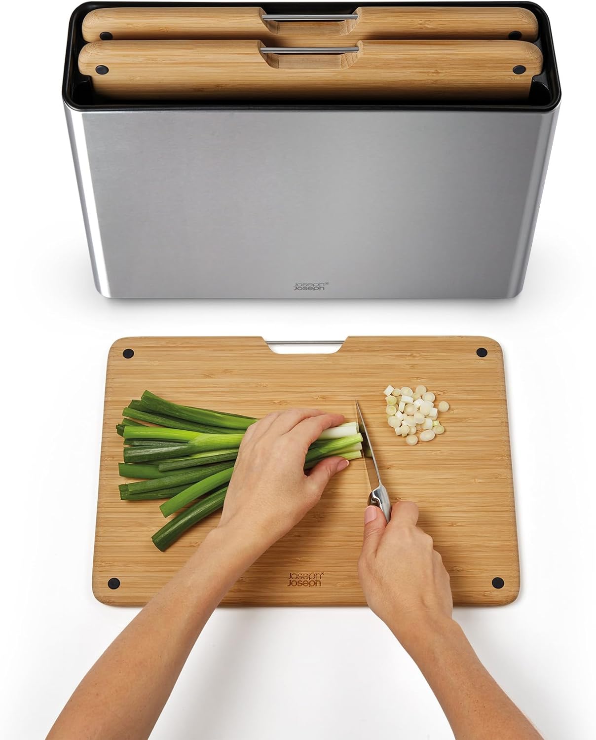 Joseph Joseph Folio Premium 3-Piece Bamboo Cutting Board Set, Stainless Steel Slimline Case for Organized Kitchen Storage