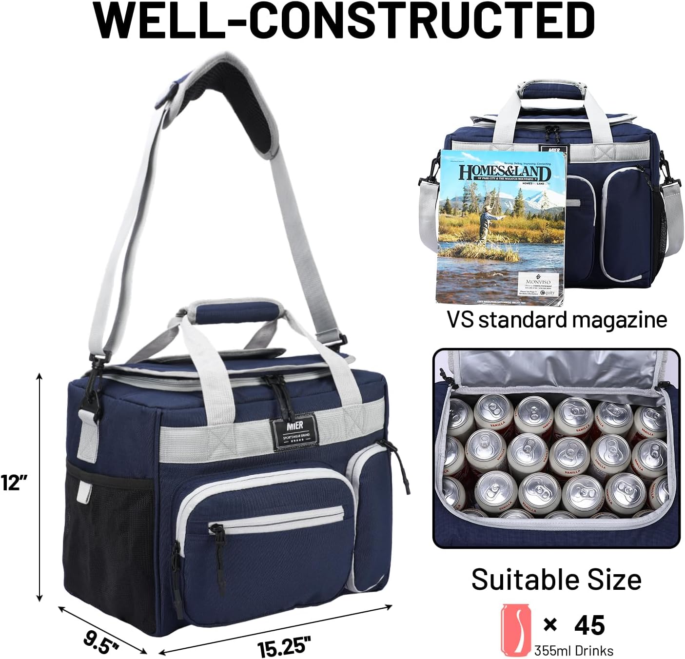 MIER 30L Extra Large Soft Cooler Bag with Bottle Opener for Camping Beach BBQ Grocery Golf Leakproof Picnic Lunch Bag, Collapsible, Top Flip Lid, 45Can (Dark Blue)