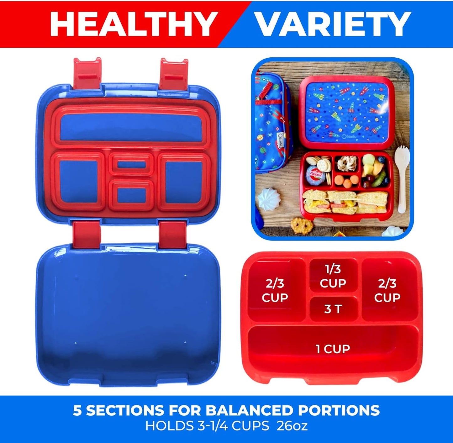 Kinsho Bento Lunch Box for Kids Toddlers, 5 Portion Control Sections, BPA Free Removable Plastic Tray, Pre-School Kid Toddler Daycare Lunches, Snack Container Ages 3 to 7 (Blue Space Rockets)