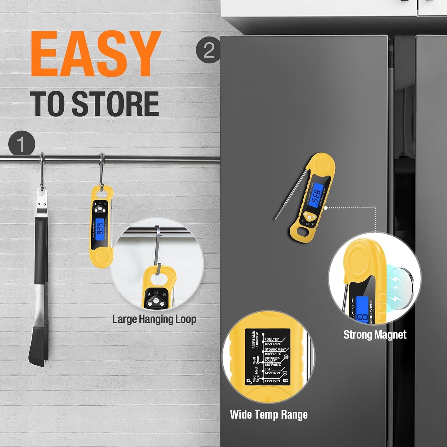 Meat Thermometer Digital, Instant Read Food Thermometer Waterproof with Backlight for Cooking, Deep Fry, BBQ, Grill, Smoker and Roast,Outdoor Fryer Accessories(Yellow)