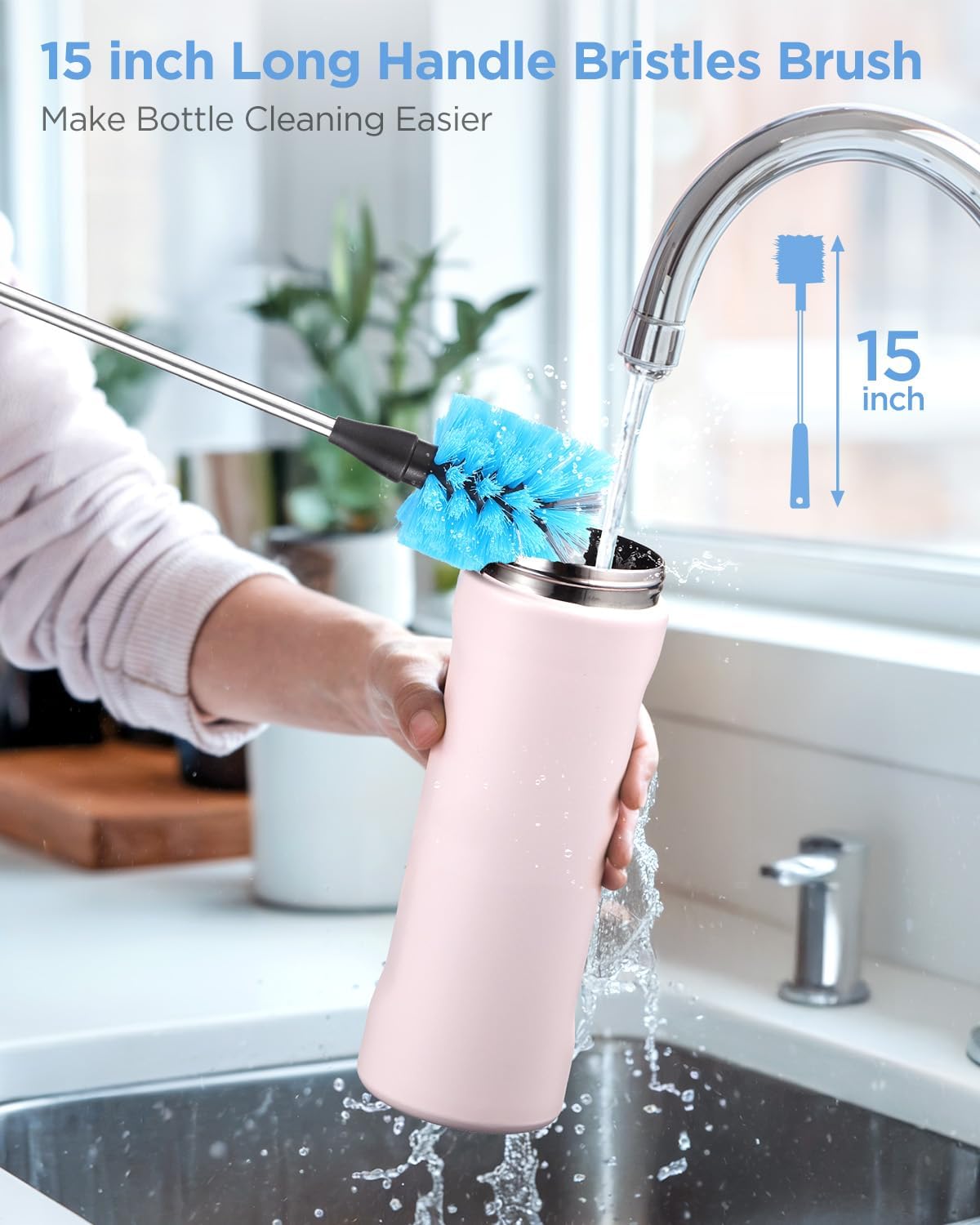 EasyAcc Water Bottle Cleaner Brush, 3 Pack 15 Inches Straw Brush Cleaner for Owala Stanley Hydroflask, Long Handle, with Straw Cleaner & Nipple Brush, for Coffee Mugs, Ice Tea Jars