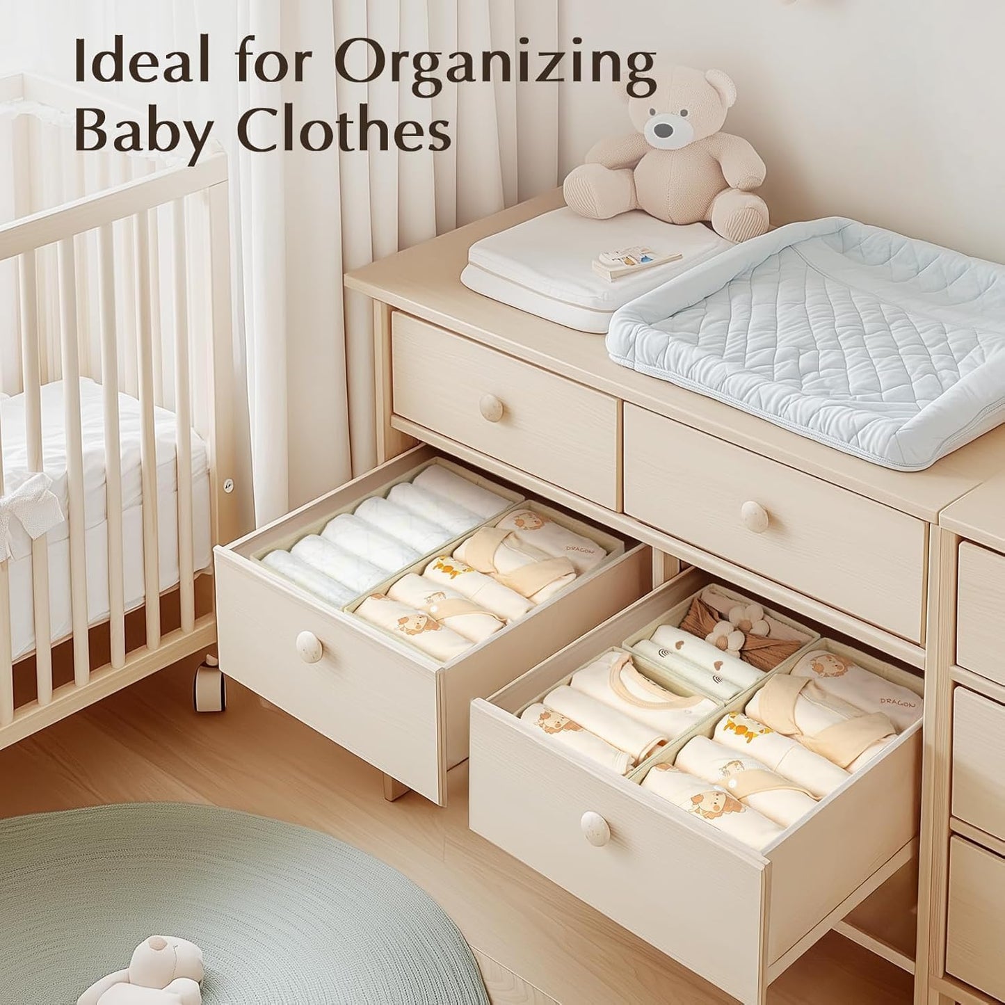 DIMJ Drawer Organizers Clothes, Set of 14 Dresser Organizer Bins, Fabric Closet Organizers and Storage, Shallow Drawer Dividers for Nursery, Clothing, Baby Clothes, Socks, Underwears, Tie (Beige)