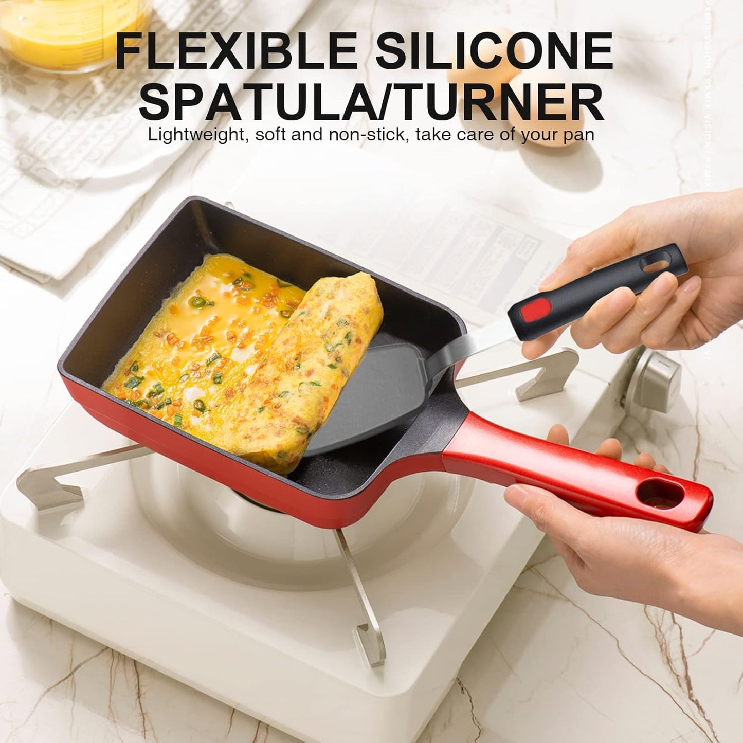 4PCS Flexible Silicone Spatula Turner Set and Kitchen Food Tongs with Silicone Tips, 600F Heat Resistant, Ideal for Flipping Eggs, Fish, Burgers, Pancake and Strong Grip on Salads, Pasta, Steaks, BBQ