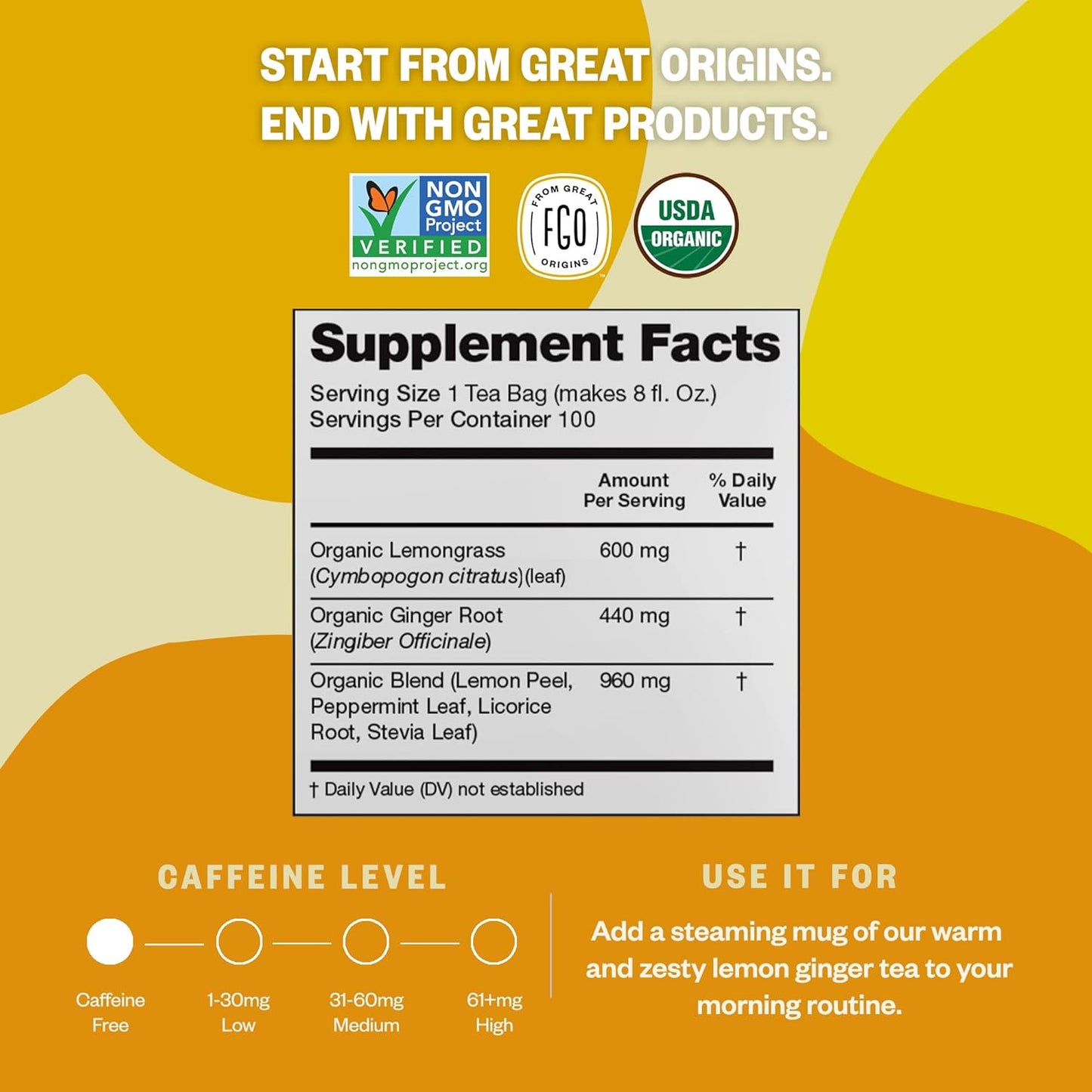 FGO Organic Lemon Ginger Tea, 100 Count, Eco-Conscious Tea Bags, Resealable Bag, Caffeine Free, Packaging May Vary (Pack of 1)