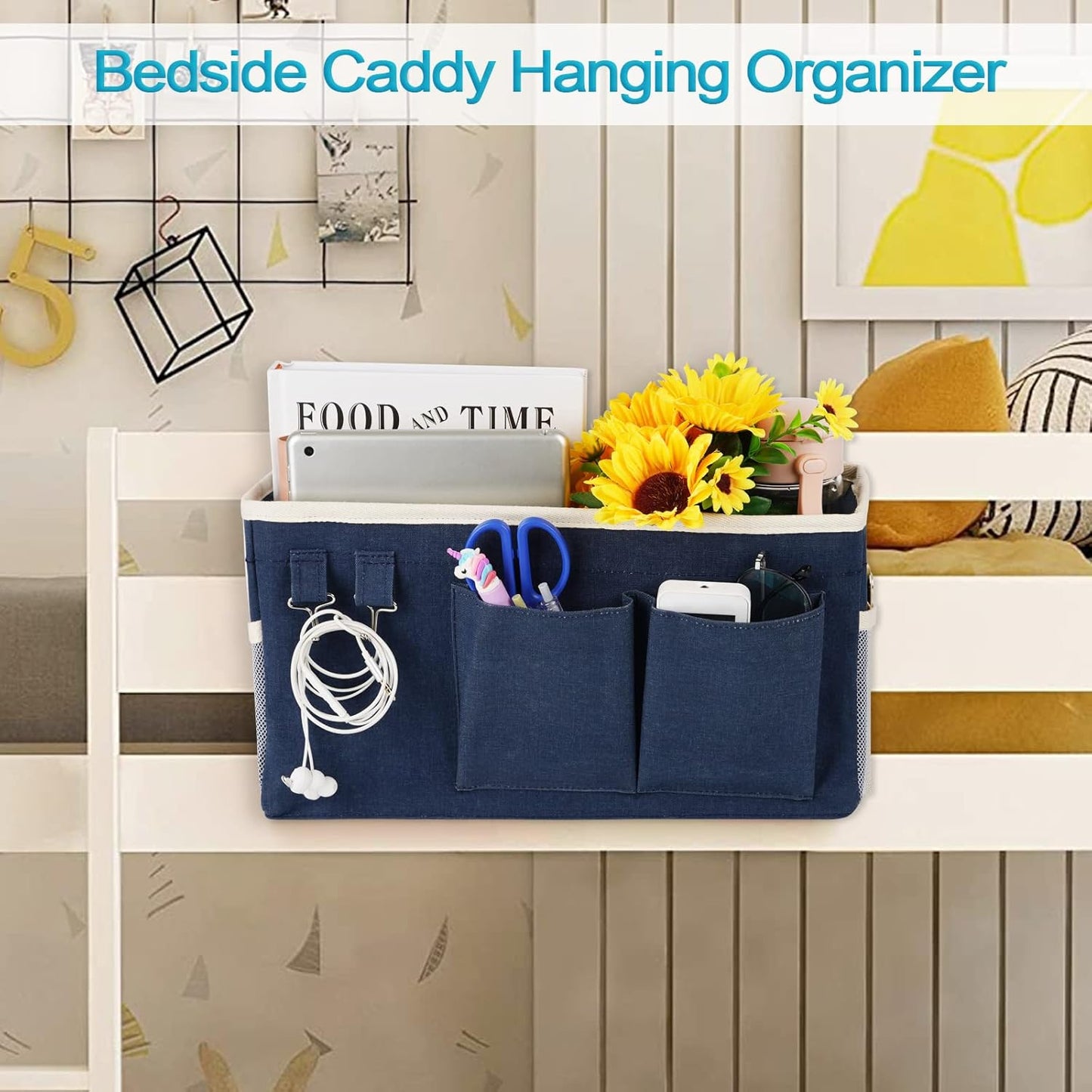 Loghot Bedside Caddy/Bedside Storage Bag Hanging Organizer for Bunk and Hospital Beds,Dorm Rooms Bed Rails,Can be Placed Glasses,Books,Mobile Phones,Keys (Navy Blue)