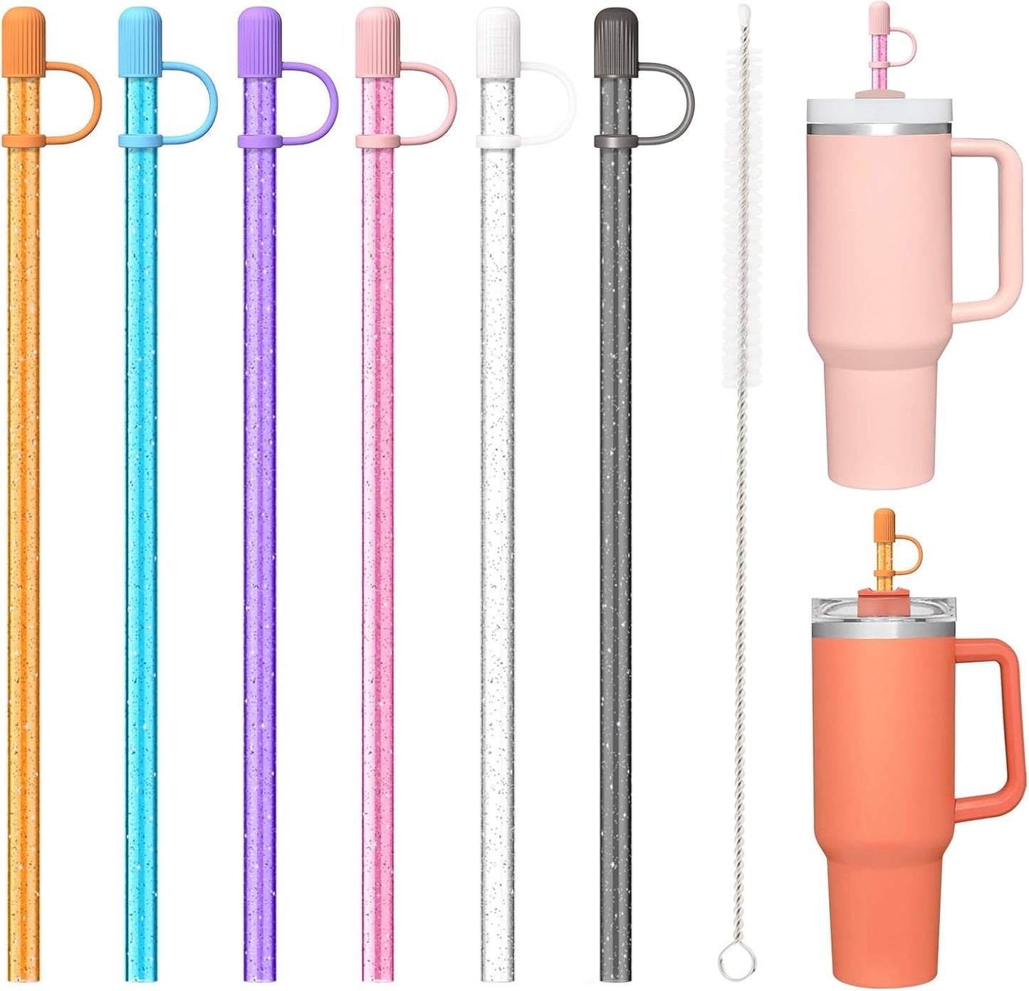 6 Color Replacement Straws with Cover Caps for Stanley Cup 40 oz 30 oz 20 oz 14 oz 64 oz Tumbler, Reusable Drinking Straws with Topper, Stopper, Cleaning Brush for Stanley Cup Accessorie