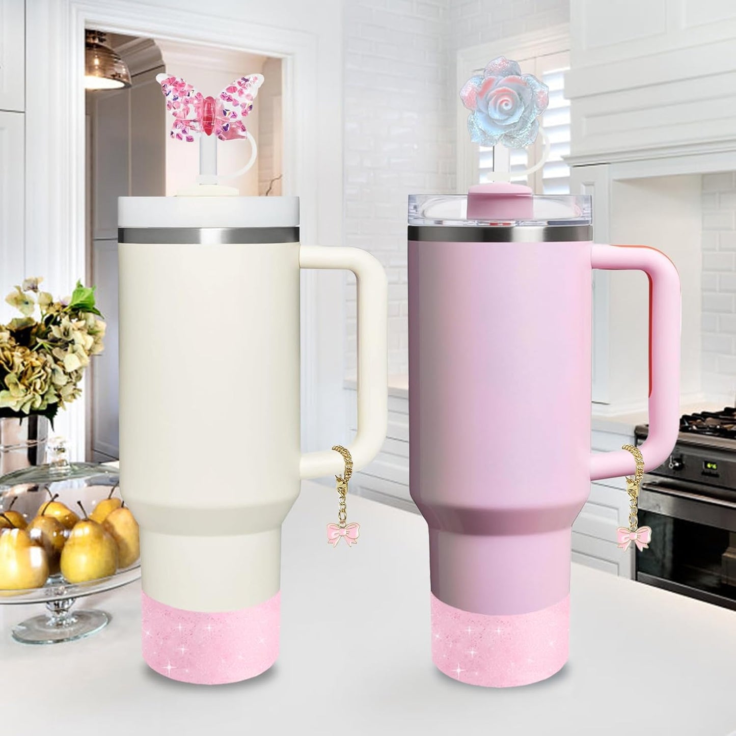 Stanley Cup Accessories Set,Including 2 Pcs 0.4in Straw Cover, 1 Silicone Spill-Proof Stopper Set of 3, 1 Cute Maple Handle Charm, 1 Silicone Boot Fits Stanley 40&30 Oz Tumbler (Peony 2.0)