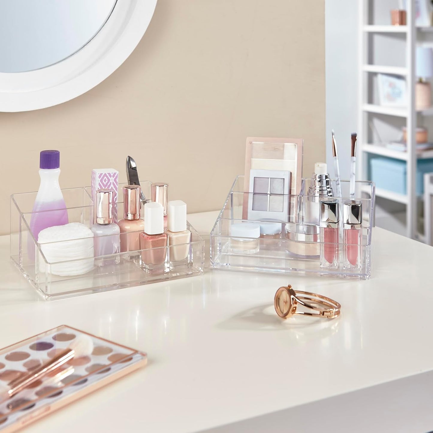 STORi Clear Plastic Small Countertop Vanity Makeup Organizer, Compact Rectangular 4-Compartment Holder for Brushes, Eyeshadow Palettes, & Beauty Supplies, Made in USA