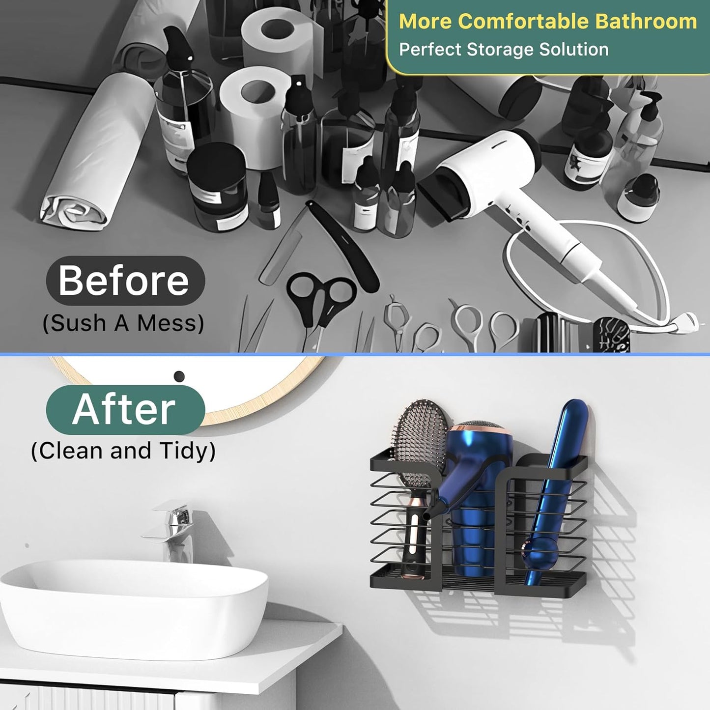 YIGII Hair Dryer Holder - Hair Tool Organizer 3-in-1 Blow Dryer Holder Adjustable Height, Bathroom Organizer Wall Mounted/Cabinet Door for Flat/Curling Irons, Hair Straighteners