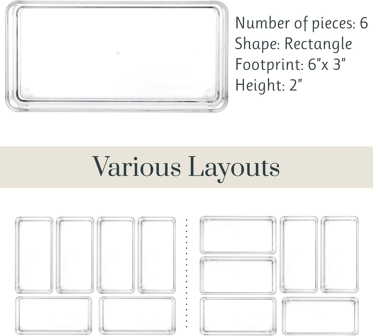 STORi SimpleSort 6-Piece Stackable Clear Drawer Organizer Set | 6" x 3" x 2" Rectangle Trays | Small Makeup Vanity Storage Bins and Office Desk Drawer Dividers | Made in USA