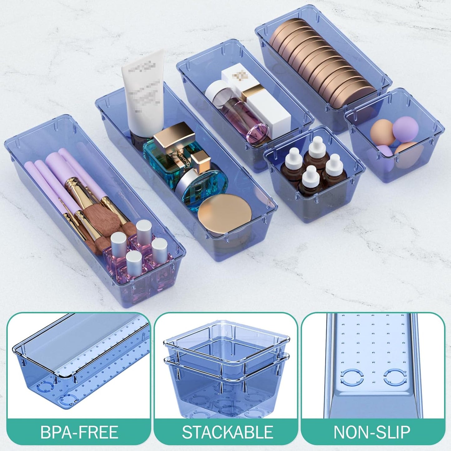 WOWBOX 12 Pack Clear Drawer Organizer Set, Acrylic Drawer Storage Trays, Storage Bins for Makeup, Cosmetics, Jewelries, Utensils, Gadgets, Office, Dark Blue