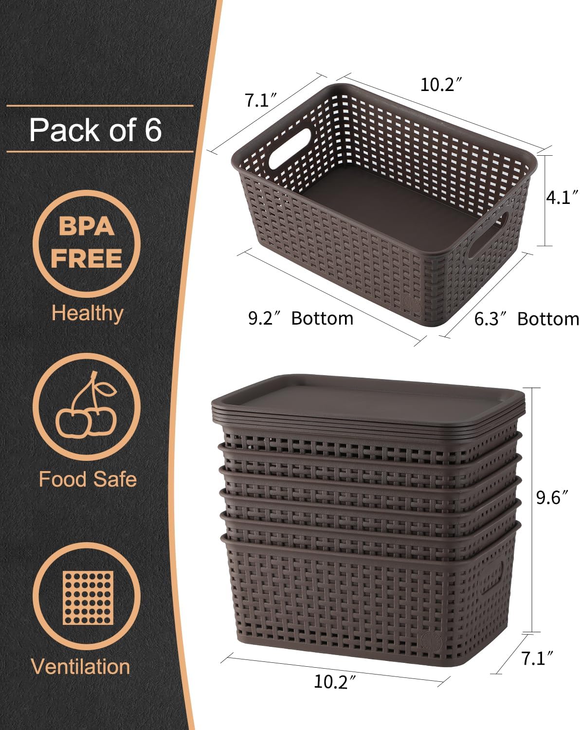 AREYZIN Lidded Storage Bins Plastic Storage Baskets With Lid Organizing Container Knit Storage Organizer Bins for Shelves Drawers Desktop Playroom Classroom Office, 6 Pack,Brown