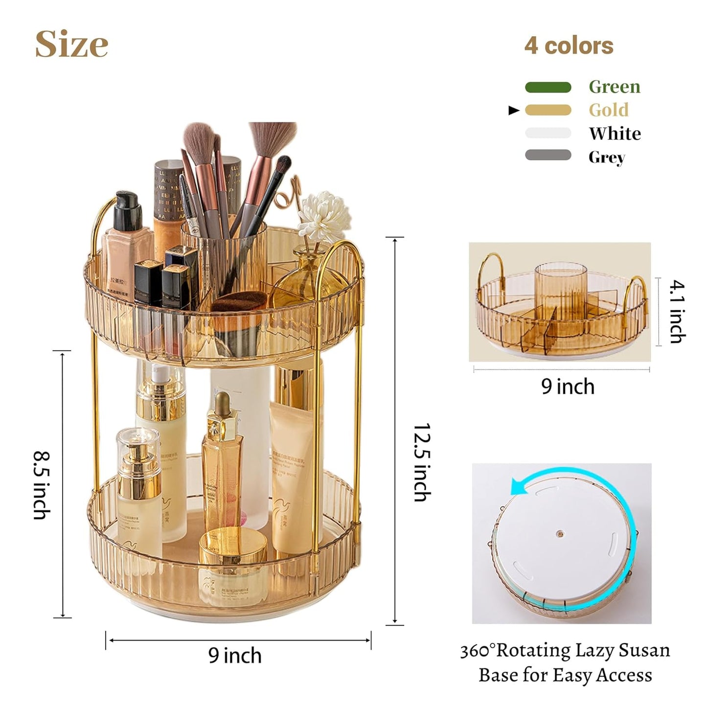 Aveniee 360 Rotating Makeup Organizer for Vanity, Upagraded Perfume Skincare Bathroom Counter Organizers with Brush Divider, Two Tier Spinning Lipstick CosmeticLotion Storage,Gold