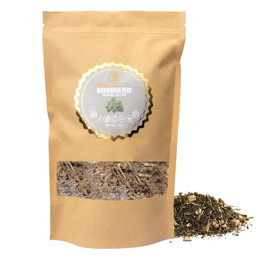 Cure wid Pure Organic Wormwood Herb Dried Cut & Sifted 4oz/114g - Artemisia Absinthium - Non-GMO,Preservative & Additives Free Wormwood Tea In Eco Friendly Resealable Pouch Traditional Herbal Remedy