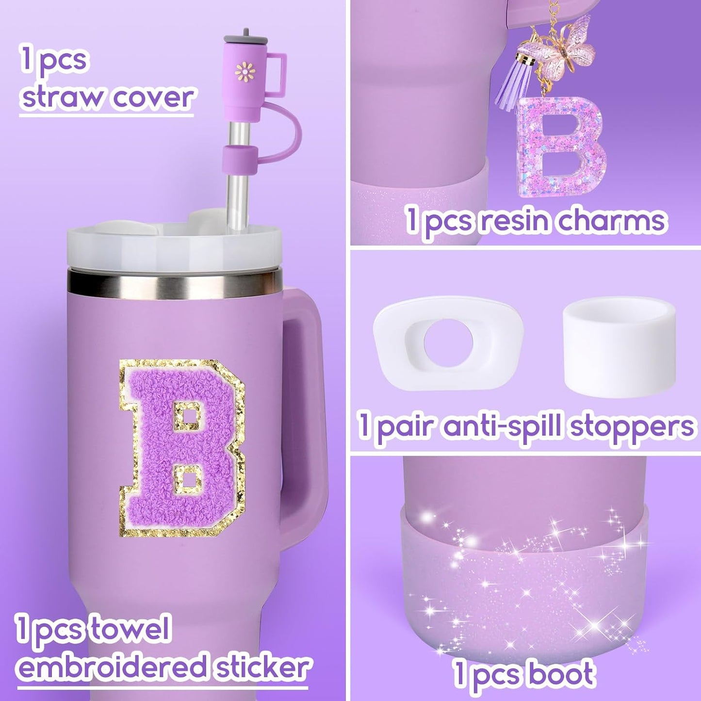 Mity rain 6PCS Cup Accessories Set for Stanley Cup 30oz 40oz tumbler with handle, Including Silicone Straw Topper Cover Cap and Boot, Spill Proof Stopper, Handle Charm, Initials Sticker (Letter B)