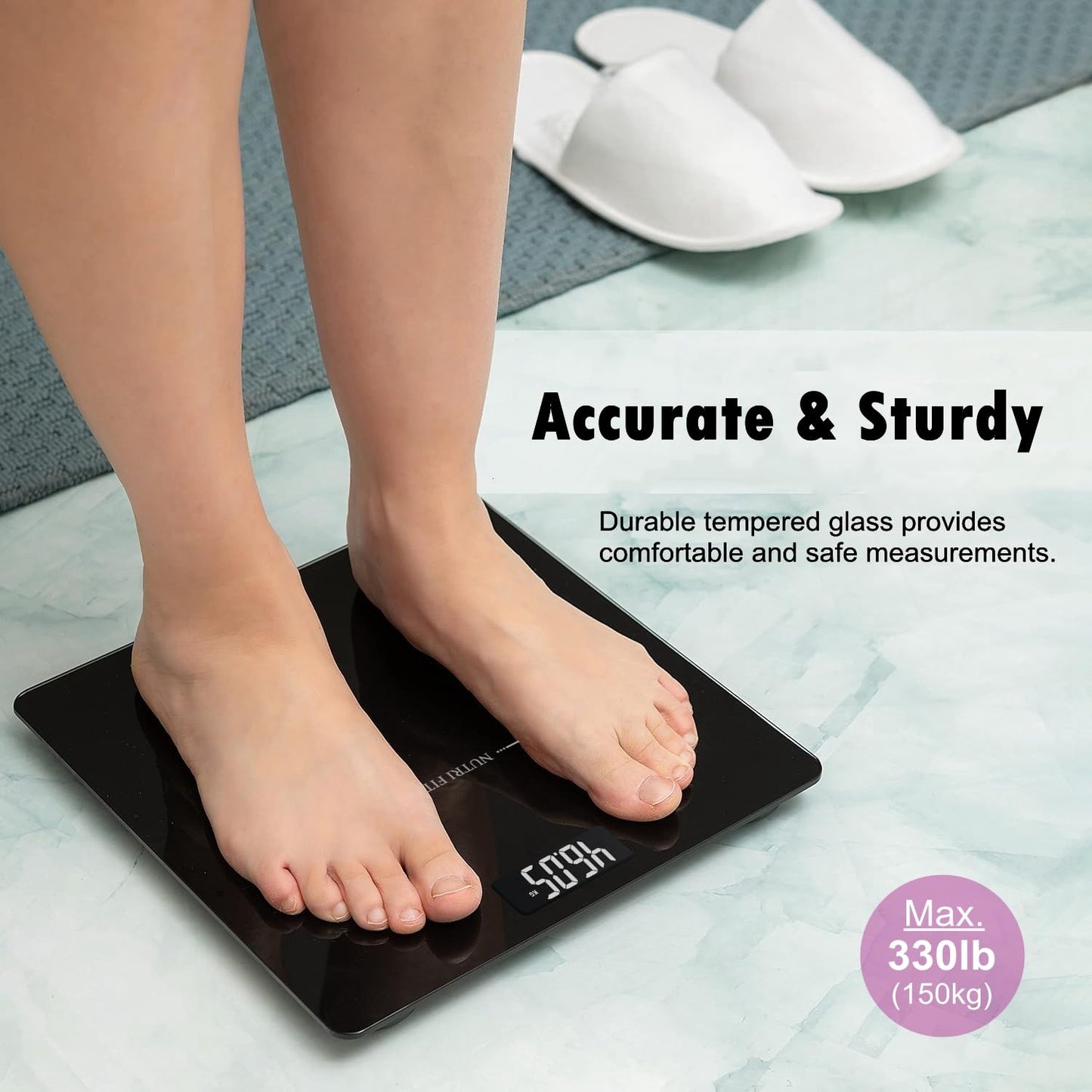 NUTRI FIT Digital Bathroom Scale for Body Weight Loss Watchers Electri Scales, 50g/0.1lb Discrepancy, Clear Backlit LCD Display and Step-On Techhology, 2*AAA Batteries Included, 330lb/150kg, Jet Black