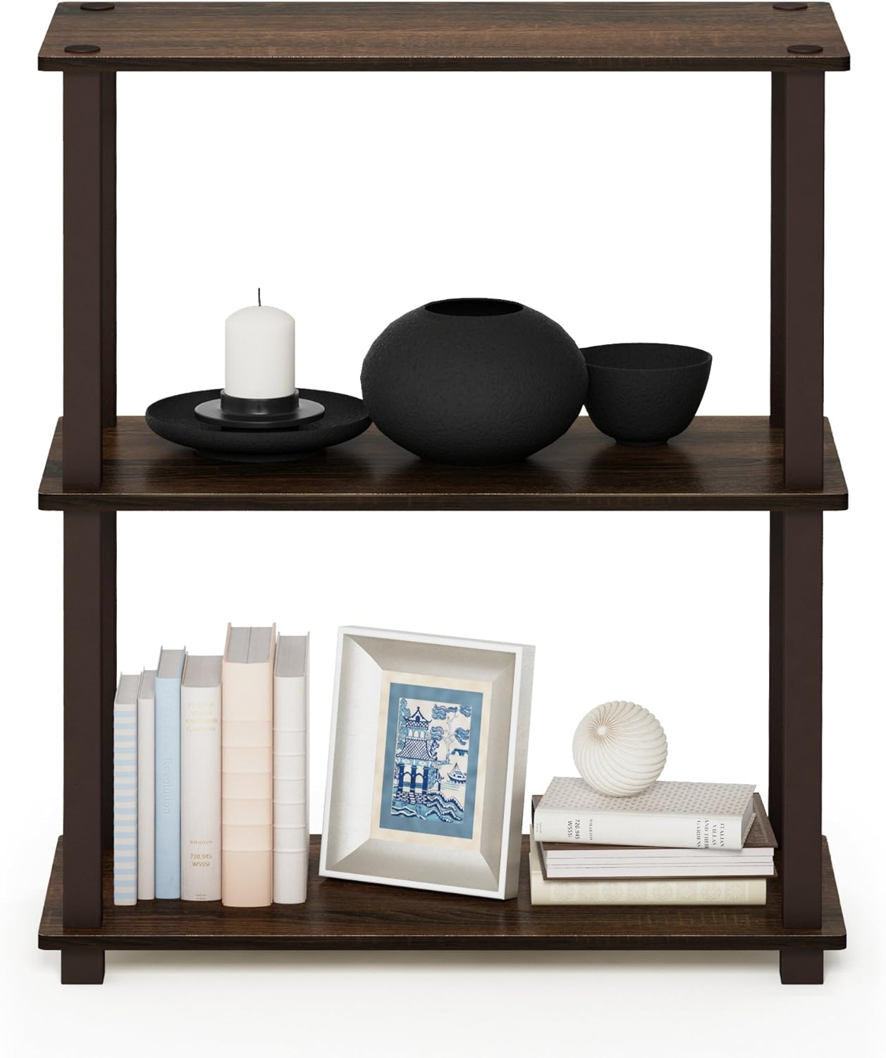 Furinno TURN-S-TUBE Storage Shelves, 3-Tier Book Shelf, Corner Shelf, Toolless Open Shelves, for Organization and Storage, Living Room, Garage, Home Office, Walnut