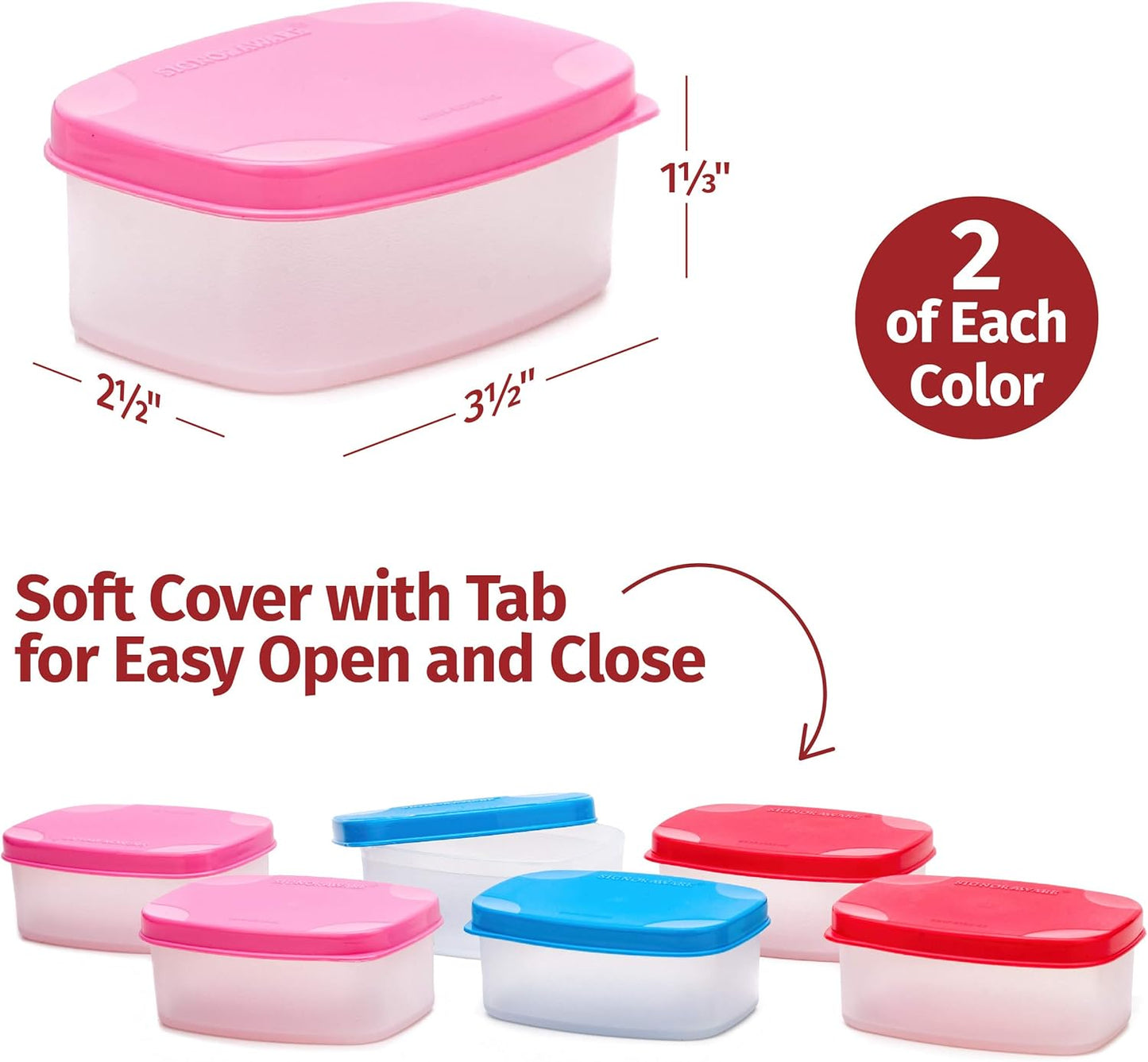 SIGNORA WARE Condiment Containers with Lids- 6 pk. 3 oz.Salad Dressing to go Small Food Storage Containers- Sauce Cups Leak proof Reusable Plastic BPA free for Lunch Box Picnic Travel