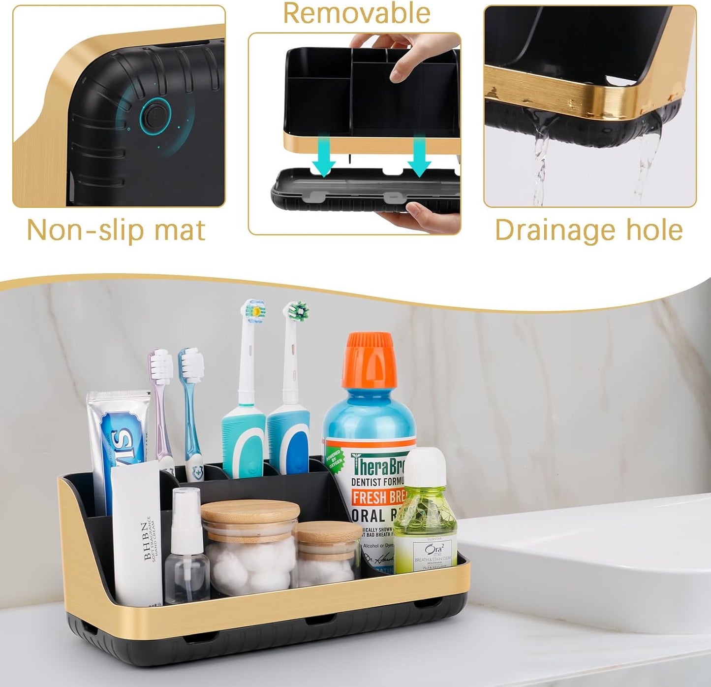 Gold Toothbrush Holders for Bathrooms Countertop Organizer - Detachable 7 Slots Electric Toothbrush and Toothpaste Holder, Kids Organization and Storage, Restroom Accessories Vanity Stuff