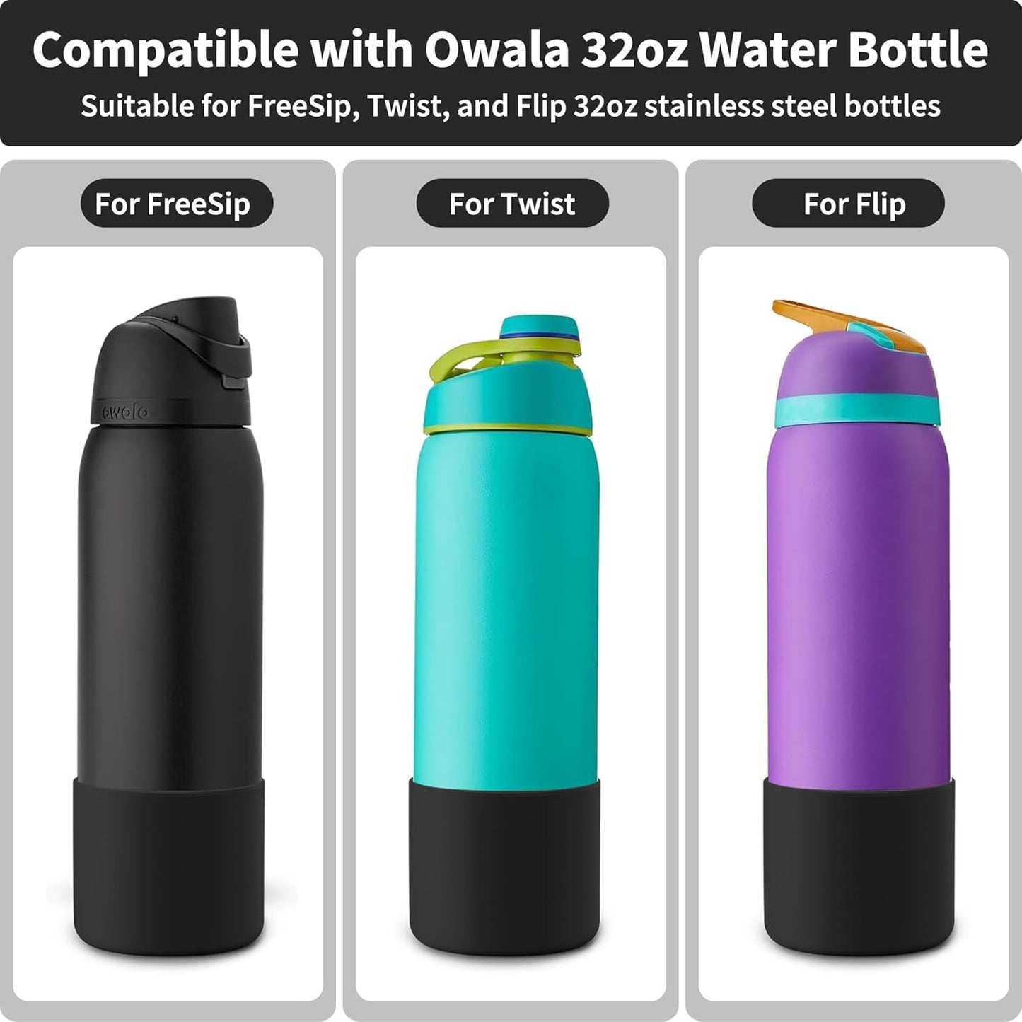 Silicone Boot for Owala 32 oz Water Bottles, Anti-Slip Protective Sleeve for Owala Twist & FreeSip & Flip Insulated Bottles, Boot Bottom Base (Black)