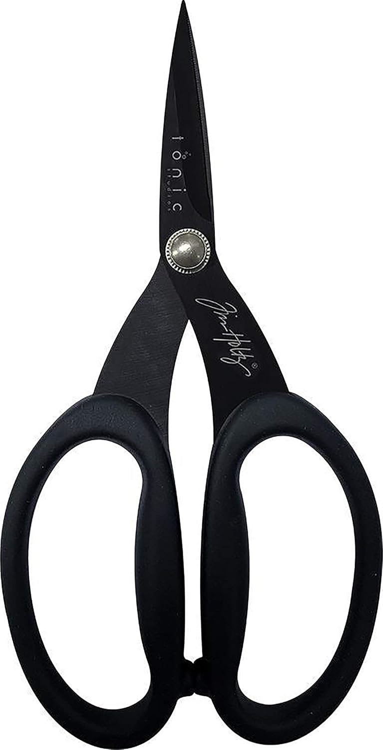 Tim Holtz Small Titanium Scissors - 7 Inch Mini Snips with Micro Serrated Blade - Non Stick Craft Tool for Cutting Paper, Fabric, and Sewing - Black Comfort Grip Handles