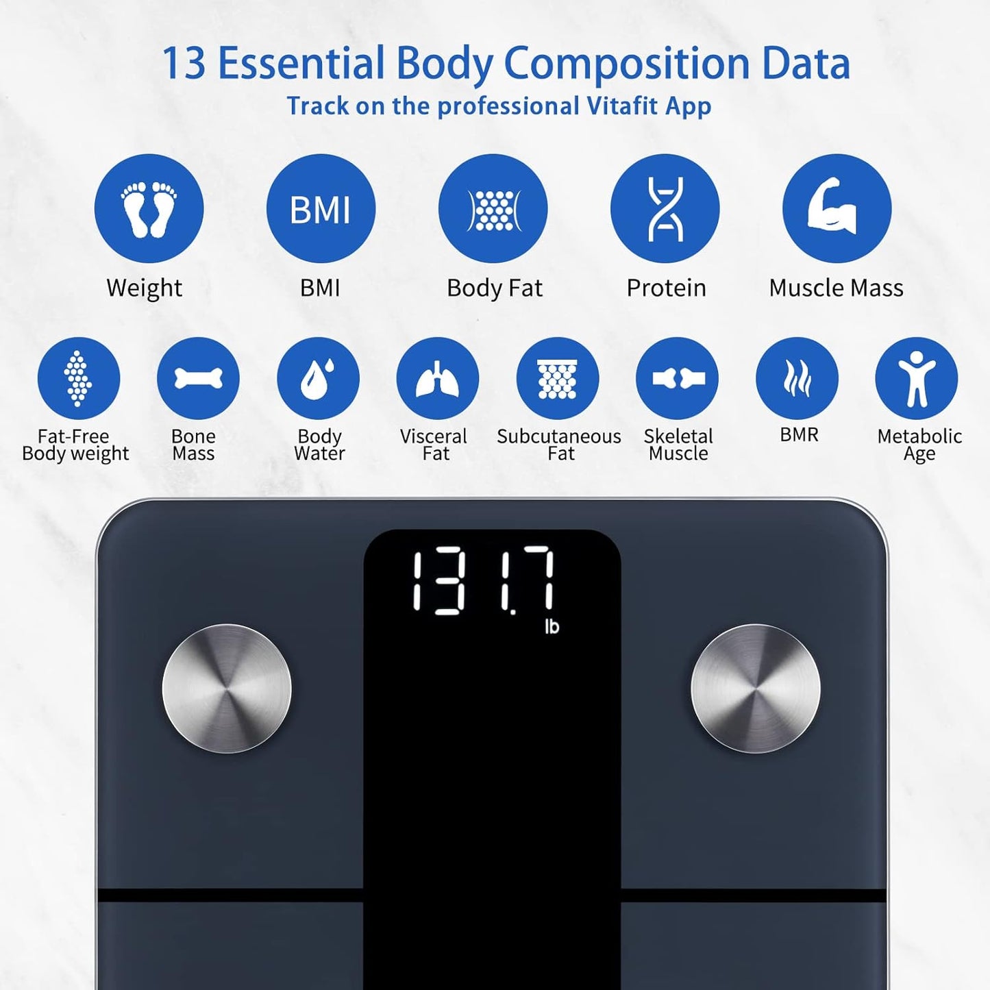 Vitafit Smart Bathroom Scale Body Weight, High Accuracy Assured by Weight Scale Professional Factory Since 2001, App Sync 13 Body Composition Including BMI, Body Fat and Muscle, 400lb, LED, Black