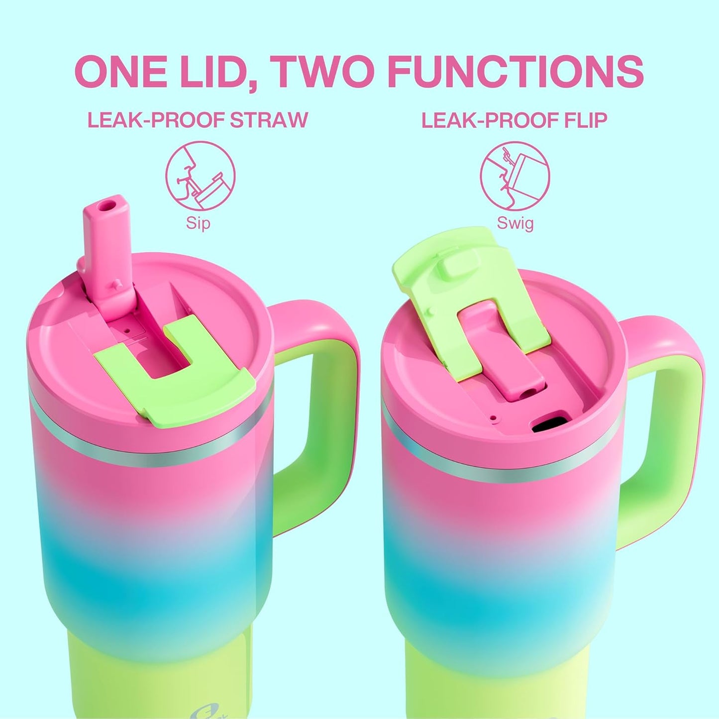 ENCOOL 32 oz Tumbler with Handle and Straw: Stainless Steel Insulated Tumbler Keeps Cold for 24 Hours, Leakproof Travel Cup Fits in Cup Holder and BPA-Free, Lime Sorbet