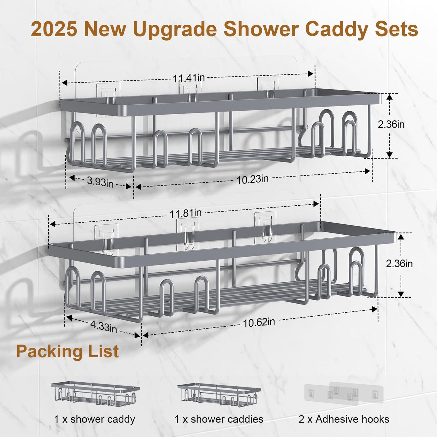 2025 New Adhesive Shower Caddy, Shower Shelves with 16 Hooks, Grey 2 Pack