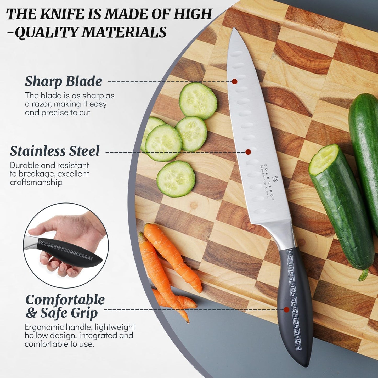 Kitchen Knife Set, Retrosohoo 8-Piece Grey Sharp Non-Stick Coated Chef Knives Block Set,Stainless Steel Knife Set for Kitchen with Sharpener for Cutting Slicing Dicing Chopping (Grey)