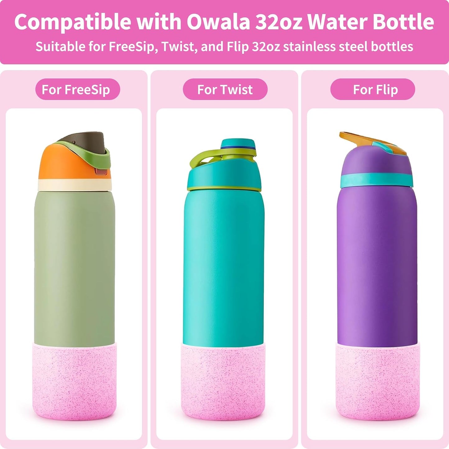 Silicone Water Bottle Boot for Owala 32 oz, Anti-Slip Protective Sleeve for Owala Twist & FreeSip & Flip Stainless Steel Water Bottle, Boot Bottom Base for Owala (Glitter Pink)
