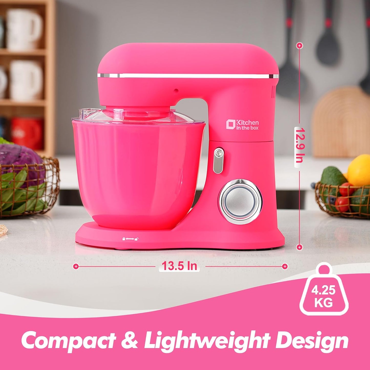 Kitchen in the box Stand Mixer, 4.5QT+5QT Two bowls Electric Food Mixer, 10 Speeds 3-IN-1 Kitchen Mixer for Daily Use with Egg Whisk,Dough Hook,Flat Beater (Neon Pink, 5QT)