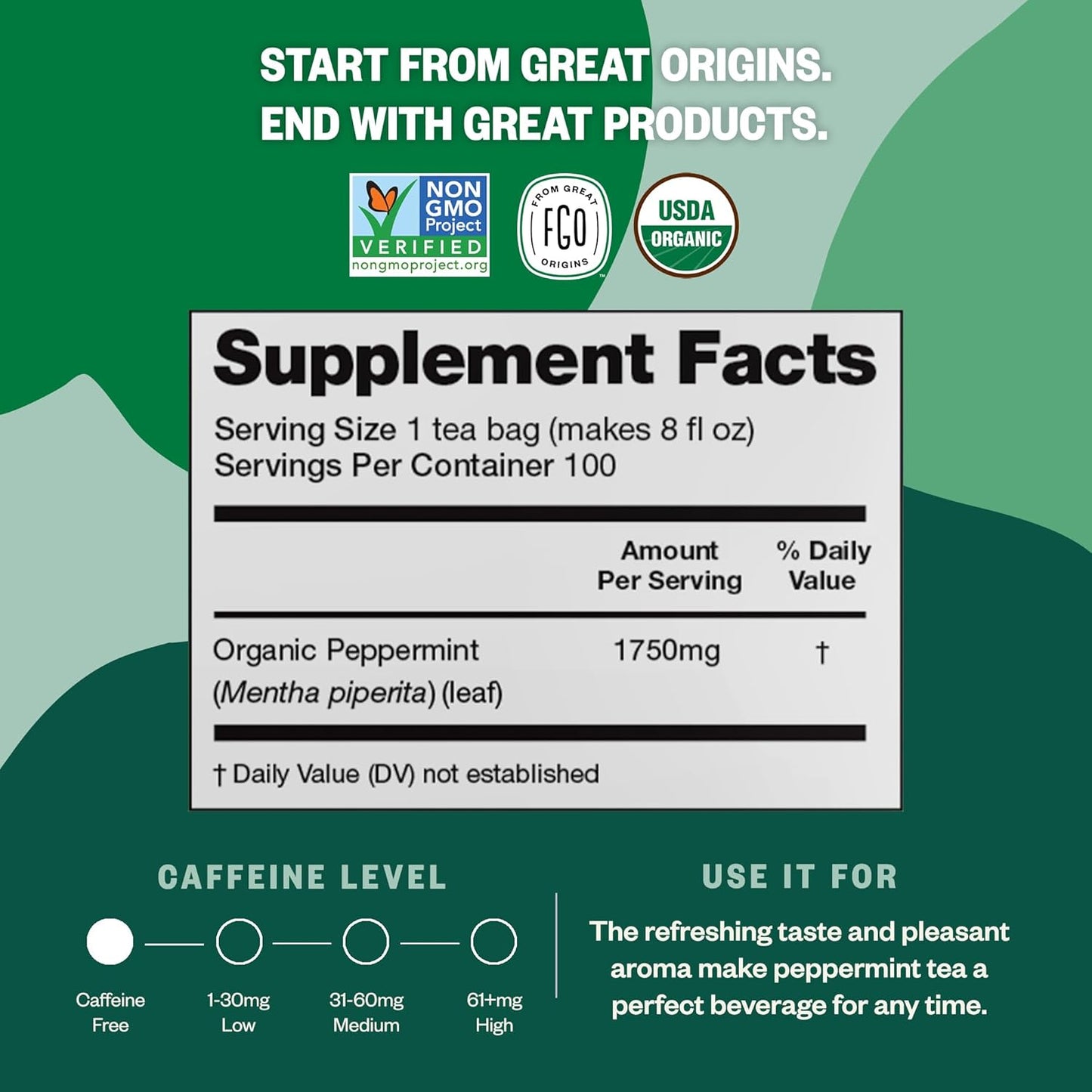 FGO Organic Peppermint Tea, 100 Count, Eco-Conscious Tea Bags, Caffeine Free, Packaging May Vary (Pack of 1)