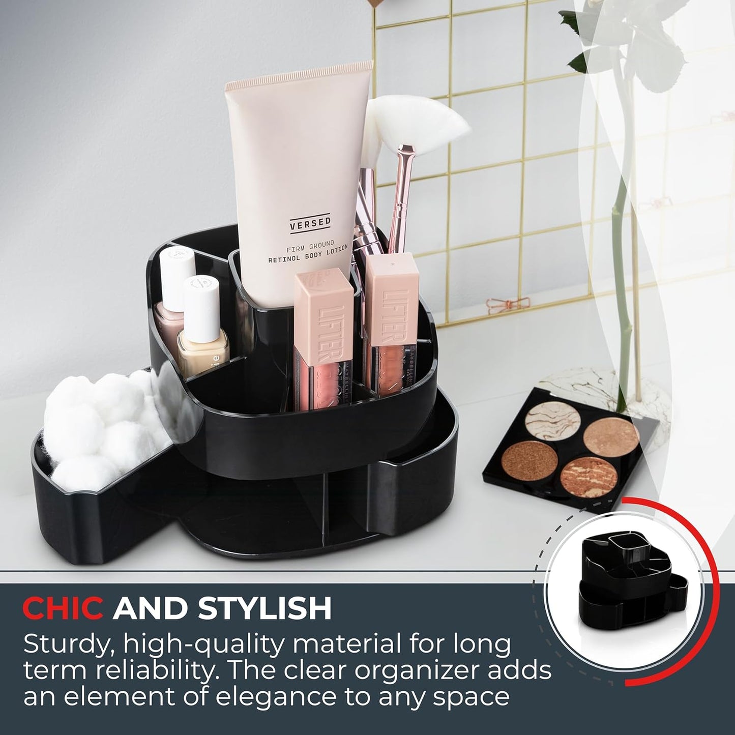 Masirs Small Rotating Makeup Organizer - Mini Yet Spacious Cosmetic Storage Solution with Multiple Compartments - The Perfect Spinning Make-Up Caddy for Vanity or Bathroom Counter (Square - Black)