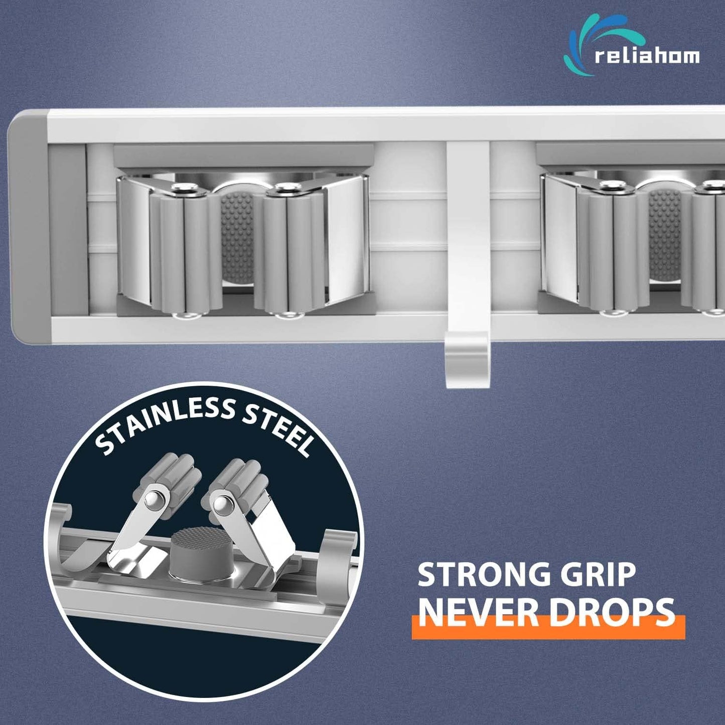 reliahom 2 Pack Broom Holder Wall Mount Mop and Broom Hanger Wall Mounted Garage Storage Rack Kitchen Garden Tool Organizer (5 Racks with 4 Hooks, Silver)