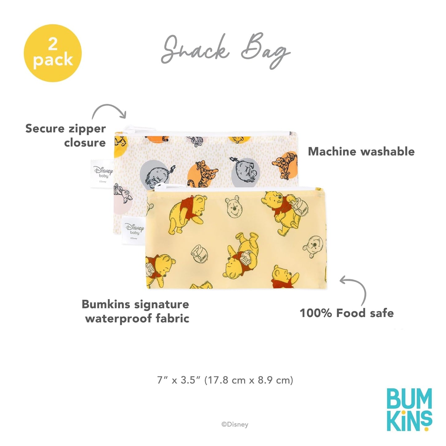 Bumkins Disney Reusable Snack Bags, for Kids School Lunch and for Adults Portion, Washable Fabric, Waterproof Cloth Zip Bag, Supplies Travel Pouch, Food-Safe Storage, 2-pk Winnie the Pooh