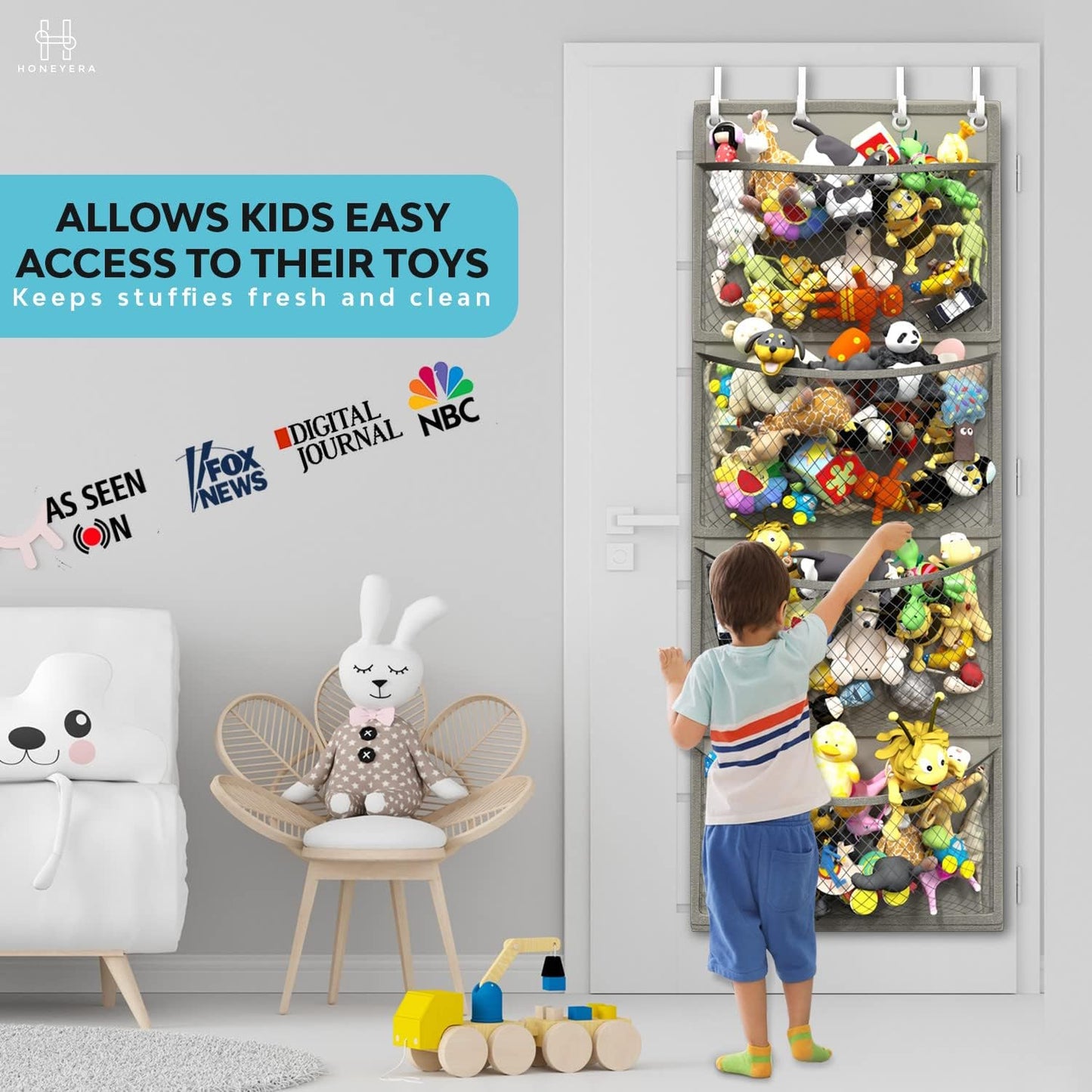 Honeyera Over Door Organizer for Stuffies, Baby Accessories, and Toy Plush Storage - Easy Installation with Breathable Hanging Storage Pockets (Gray)
