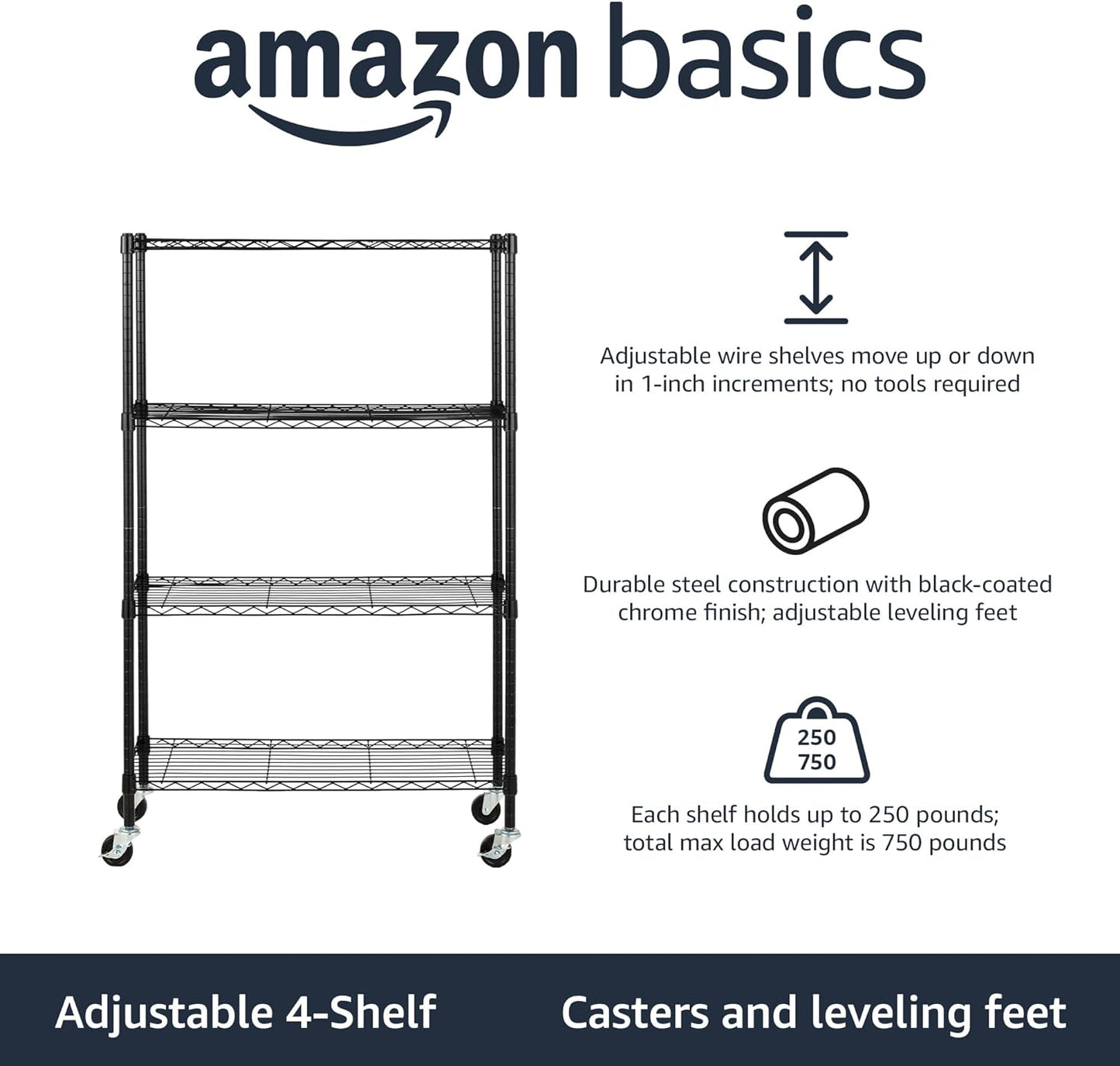 Amazon Basics 4-Shelf Adjustable, Heavy Duty Storage Shelving Unit on 3'' Wheel Casters, Metal Organizer Wire Rack, 36" L x 14" W x 57.75" H, Black