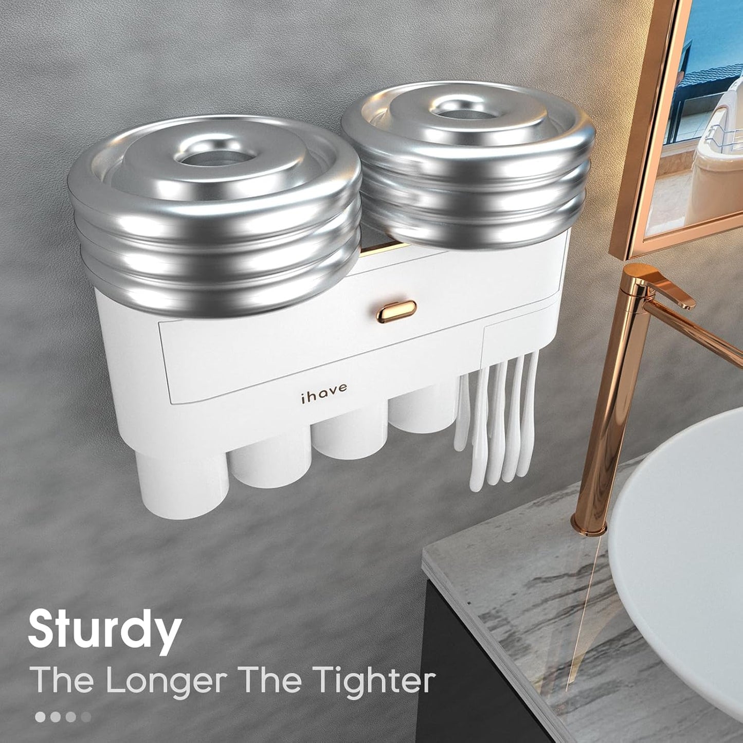 iHave Toothbrush Holders for Bathrooms - Upgrade Wall Mounted Toothbrush Holder with Toothpaste Dispenser - 4 Cups